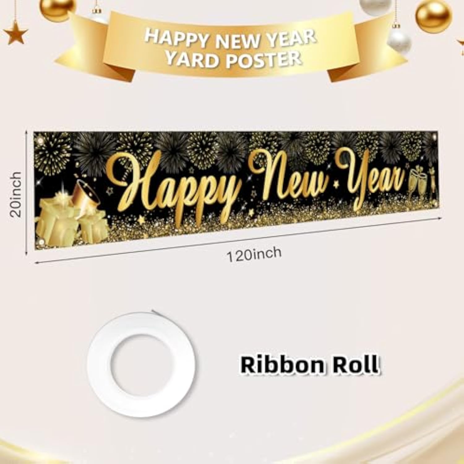 Happy New Year Yard Sign Banner 20x120in Black Gold 2026 Party Decor