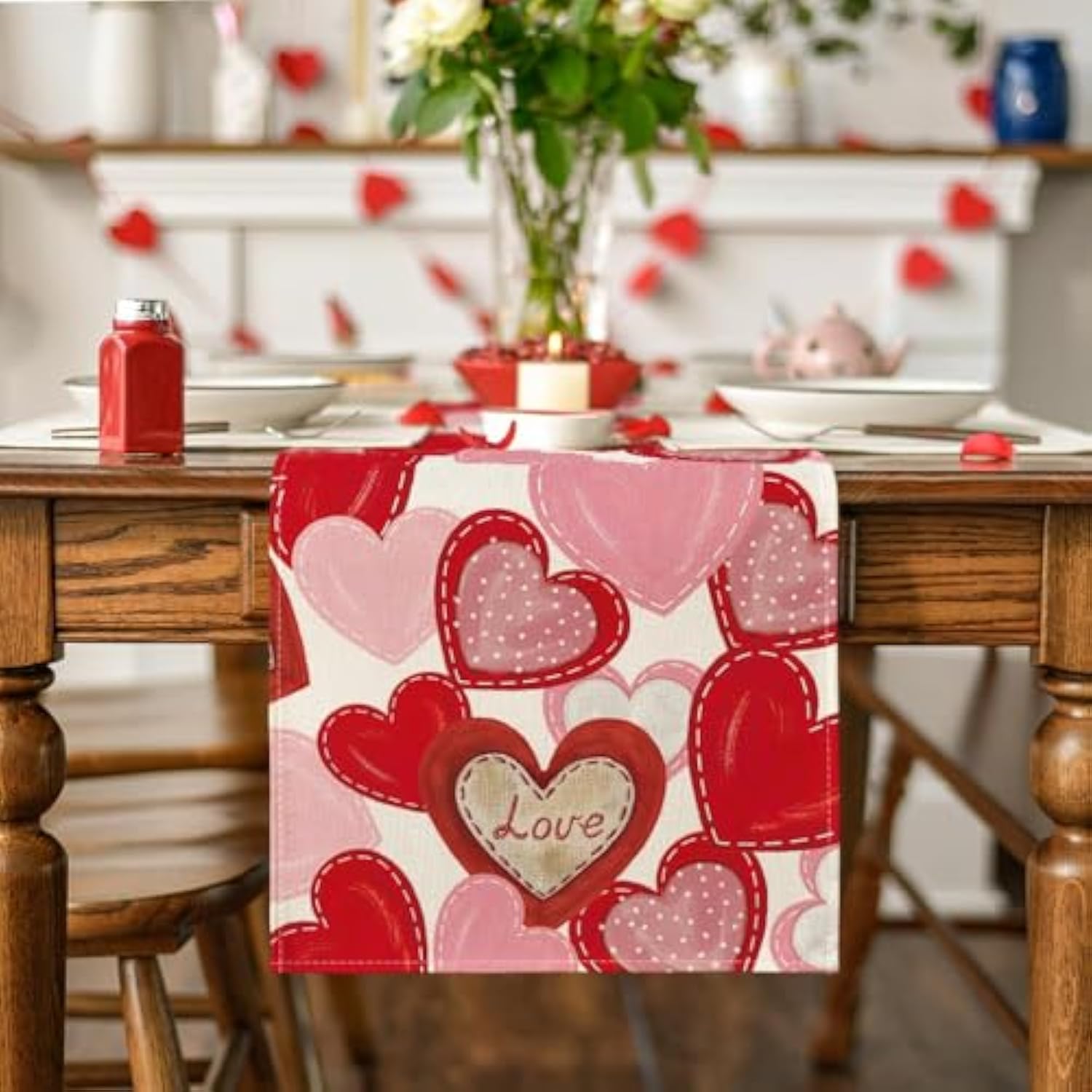 White Pink Love Heart Valentine'S Day Table Runner, Holiday Anniversary Kitchen Dining Table Decoration For Home Party Decor 13X72 Inch
