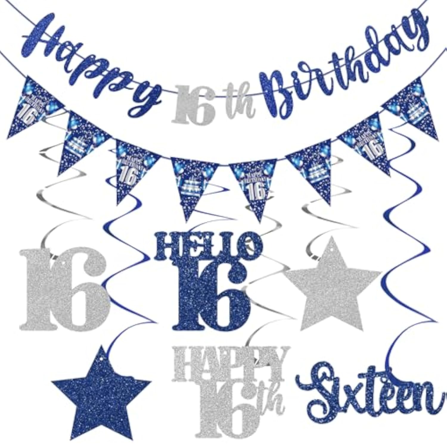 Blue Silver 16th Birthday Banner Stars Swirls Party Decor
