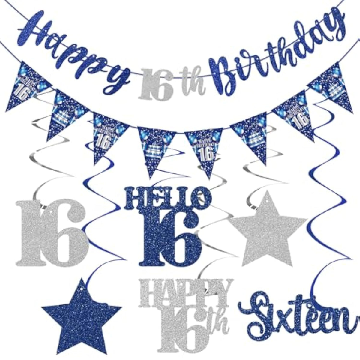 Blue Silver 16th Birthday Banner Stars Swirls Party Decor