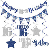 Blue Silver 16th Birthday Banner Stars Swirls Party Decor
