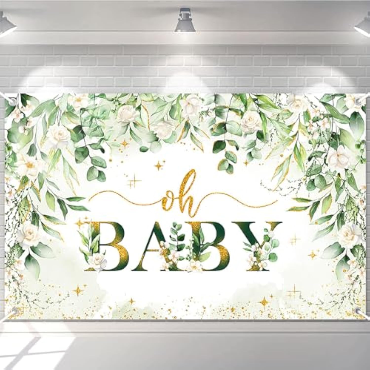 Greenery Boy Baby Shower Decorations Banner Floral Green Sage Oh Baby Backdrop Gold Glitter Greenery Leaves Gender Neutral Baby Shower Decorations (6X3.6Ft)