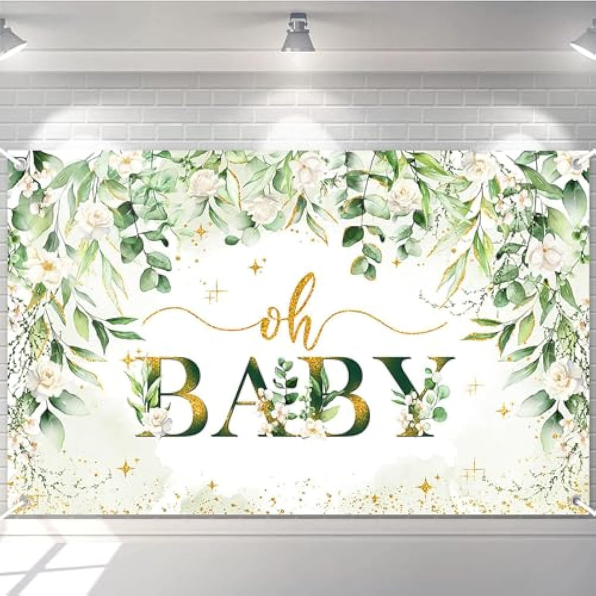Greenery Boy Baby Shower Decorations Banner Floral Green Sage Oh Baby Backdrop Gold Glitter Greenery Leaves Gender Neutral Baby Shower Decorations (6X3.6Ft)
