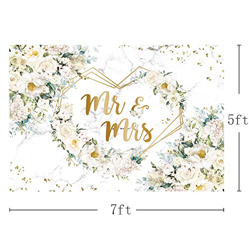 7x5ft White Floral Mr and Mrs Floral Bridal Shower Backdrop