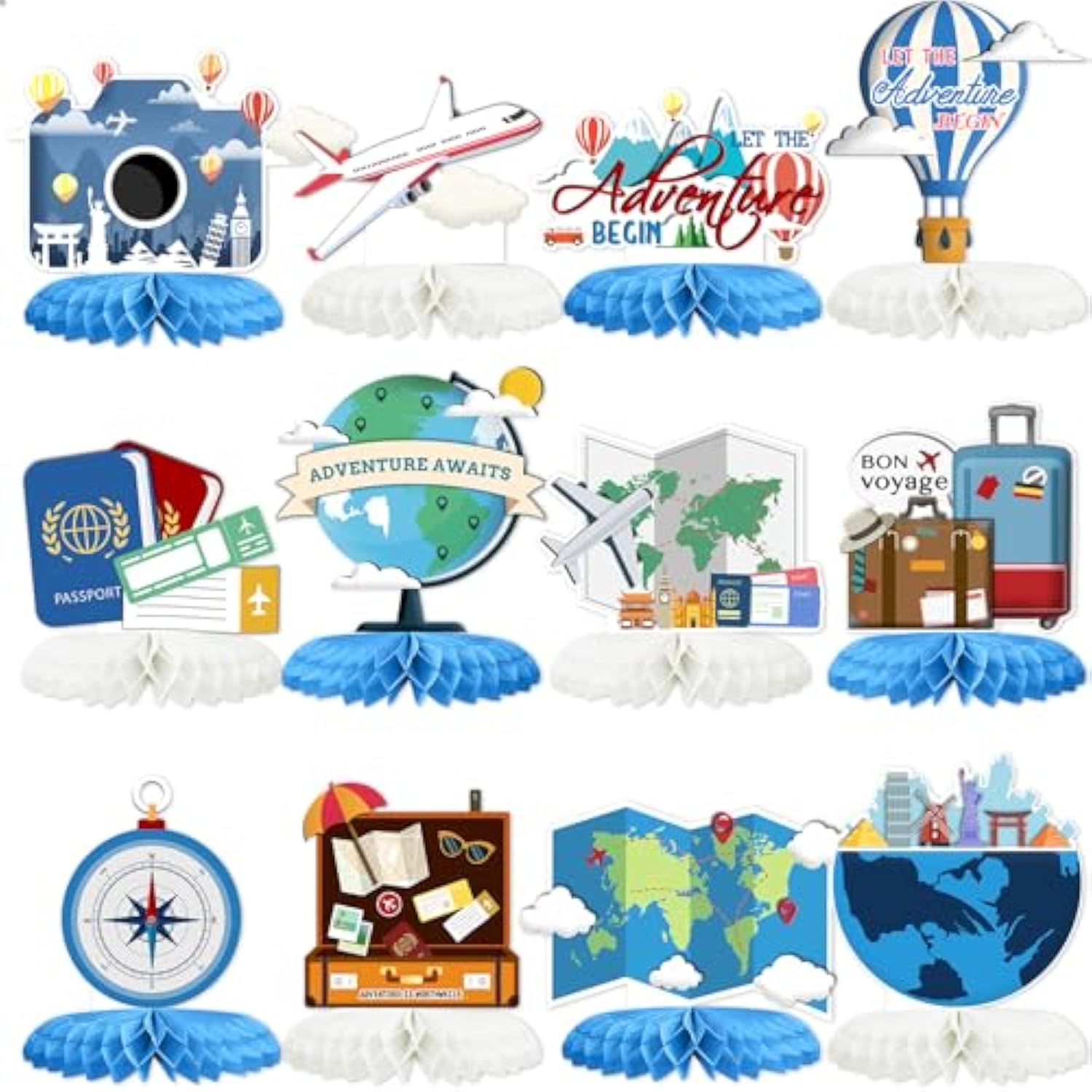 12Pcs Travel Themed Party Decorations Travel Honeycomb Centerpieces Bon Voyage Party Decor Adventure Awaits Table Toppers For Baby Shower Retirement Birthday Party