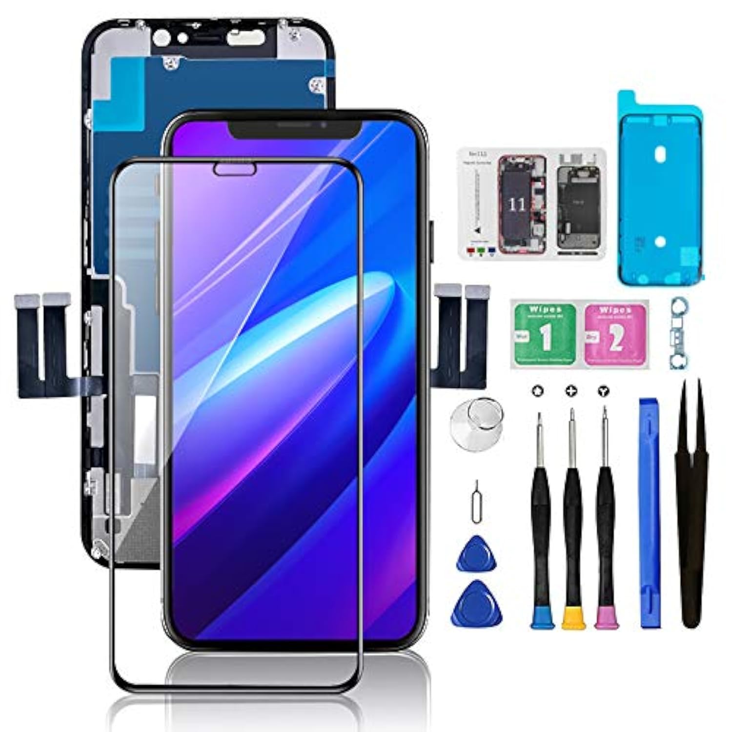 For Iphone 11 Screen Replacement 6.1 3D Touch Screen Lcd Display Digitizer For A2111, A2223, A2221 Cell Phone Repair Kits+ Waterproof Frame Adhesive Sticker+Screen Tempered Protector+Face Id