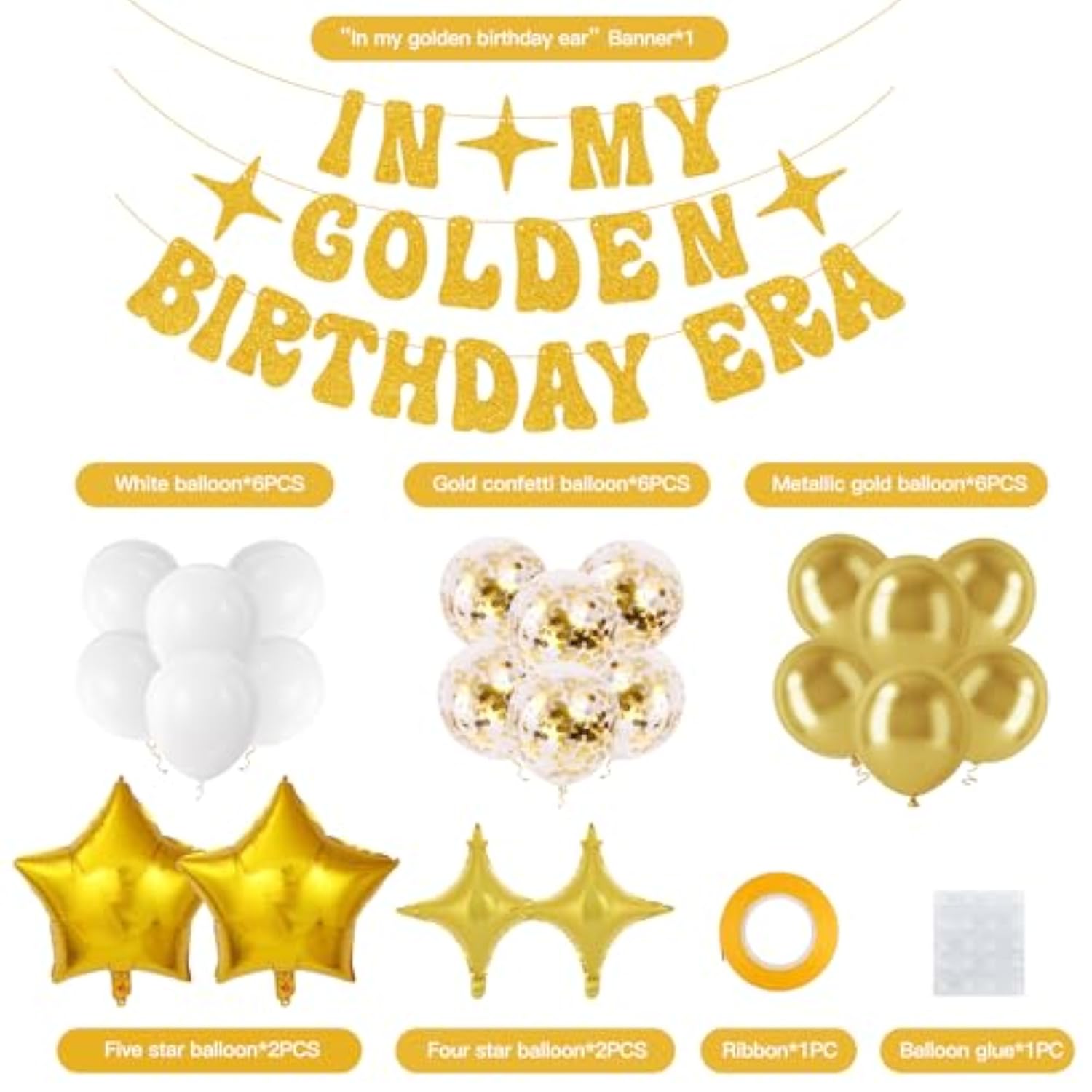 25pcs Golden Birthday Decor – "In My Golden Birthday Era" Banner & Balloons