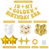 25pcs Golden Birthday Decor – "In My Golden Birthday Era" Banner & Balloons
