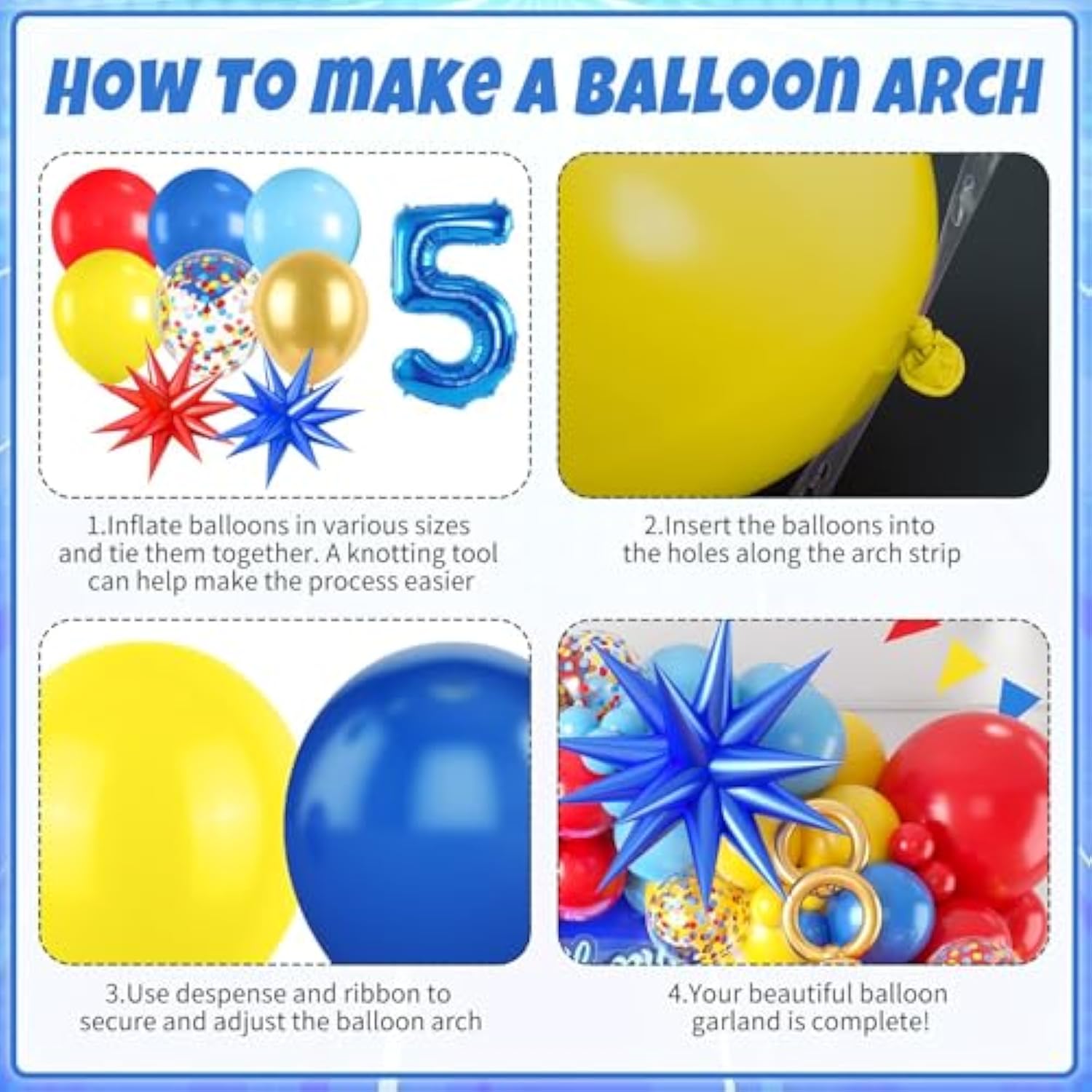Red Yellow Blue Balloon Garland Arch Kit With Navy Blue 40 Inch Number 5 Balloon, 5Th Birthday Decorations For Boy With Star Foil Balloons For Kid 5 Year Old Theme Party Baby Shower Graduation