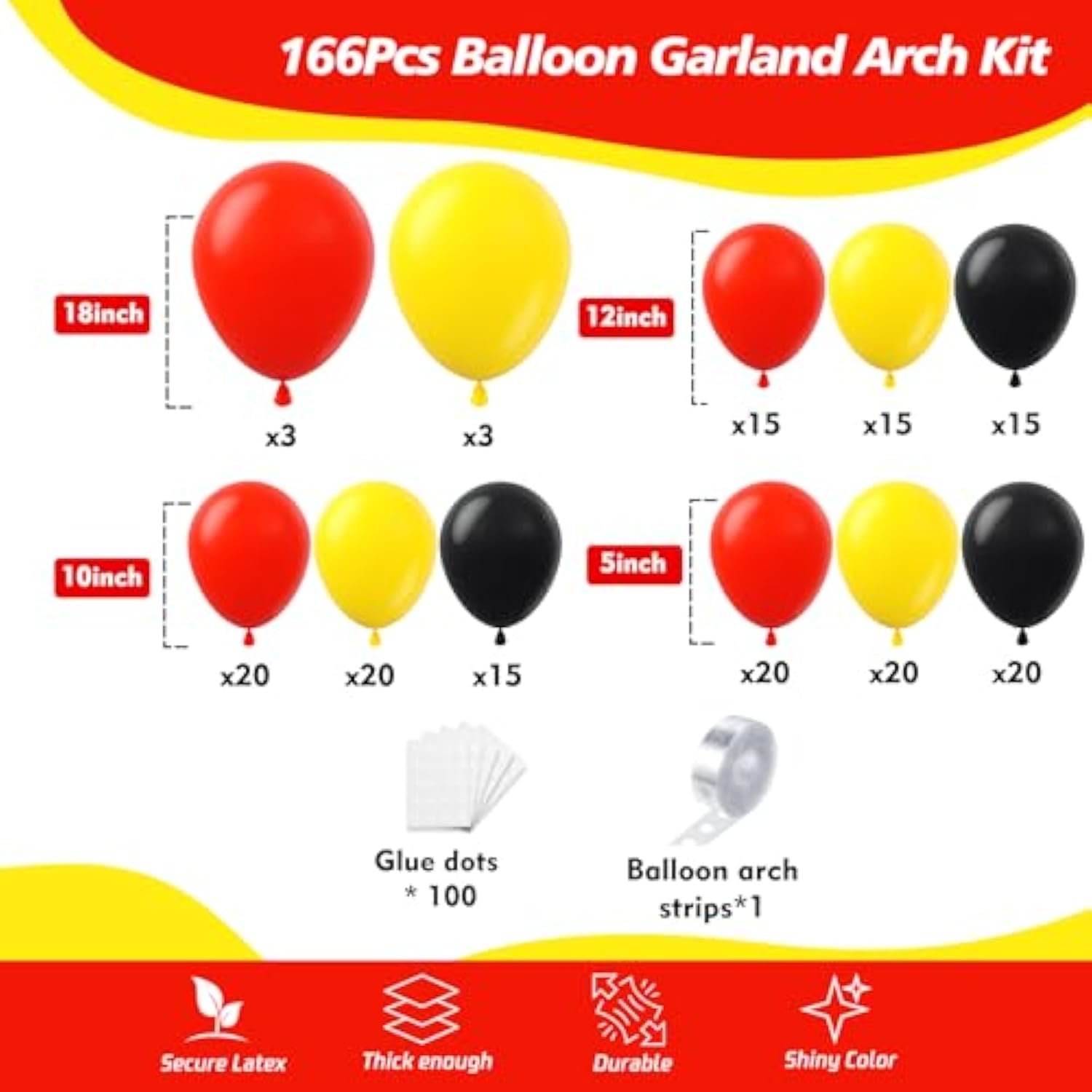 166Pcs Red Yellow Black Balloon Garland Arch Kit - Mouse Party Decorations With 18 12 10 5 Different Sizes Latex Party Balloons For Birthday Baby Shower Cartoon Game Theme Backdrop Decorations