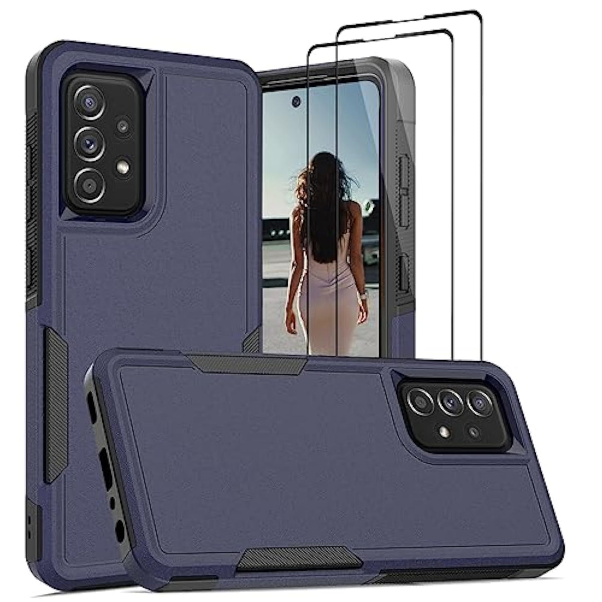 For Galaxy A52 5G Case And 2 Pack Tempered Glass Screen Protector, Military Grade Heavy Duty Shockproof Anti Scratch Silicone Bumper Thin Cover For Samsung Galaxy A52 4G/5G, Navy Blue