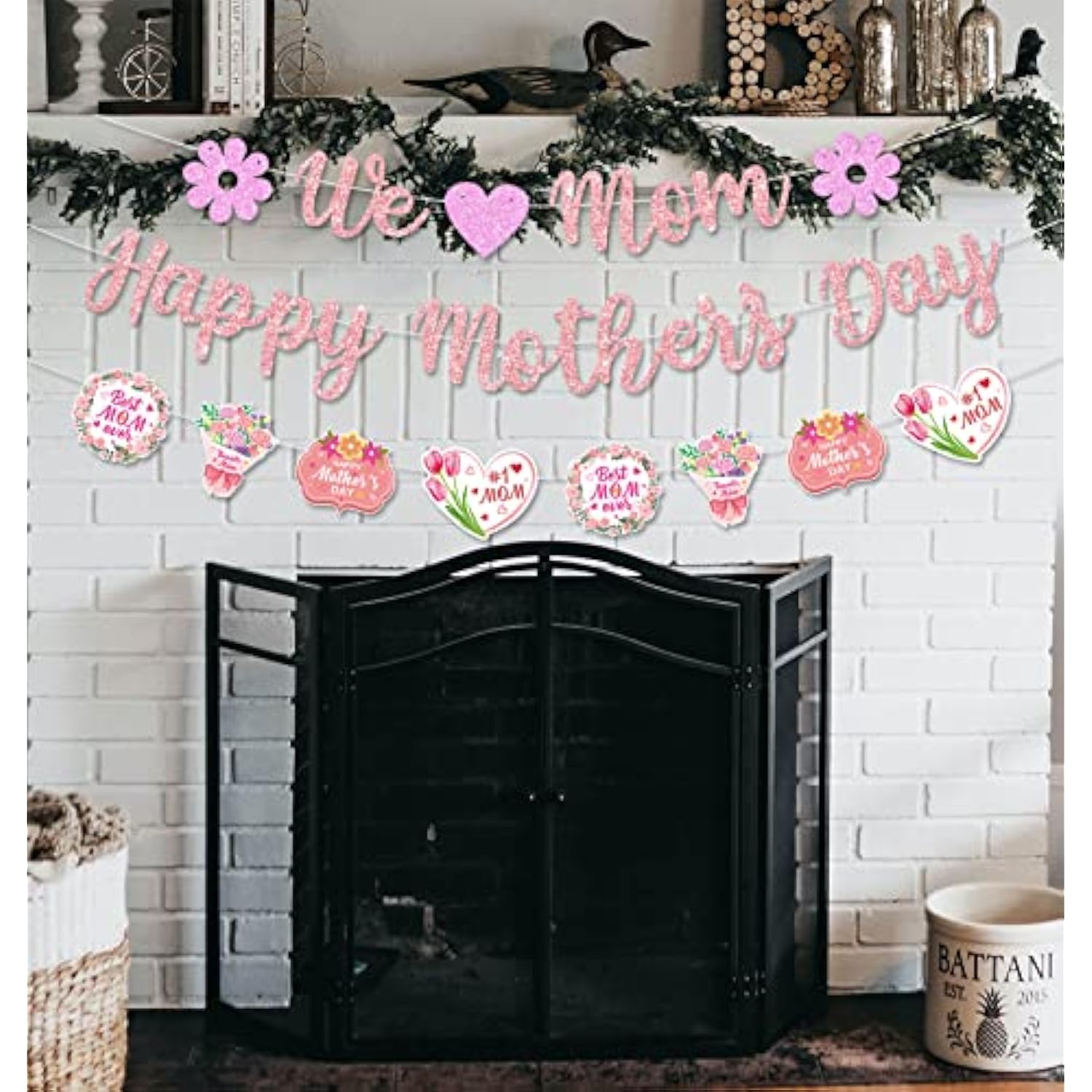 Glittery We Love Mom Happy Mother'S Day Banner With Heart Flowers Rose Gold Mothers Day Garland Banner Best Mom Ever Mom'S Day Party Fireplace Mantle Decorations Mother'S Day Photo Booth Props
