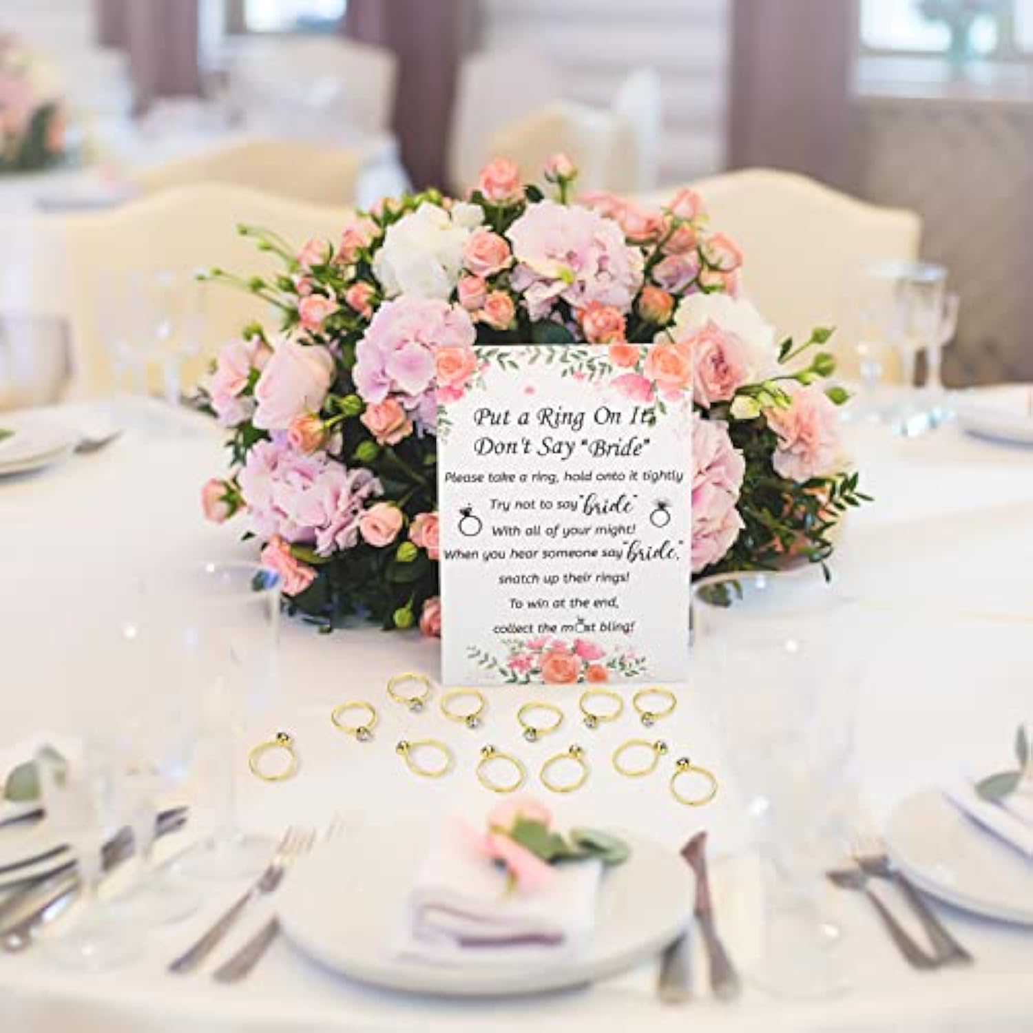 Put A Ring On It Bridal Shower Game With 50 Fake Rings, Rustic Greenery Theme Wedding Shower Games Wedding And Engagement Rings And Not Say Bride Rules Cards(Bright Flowers,Gold)