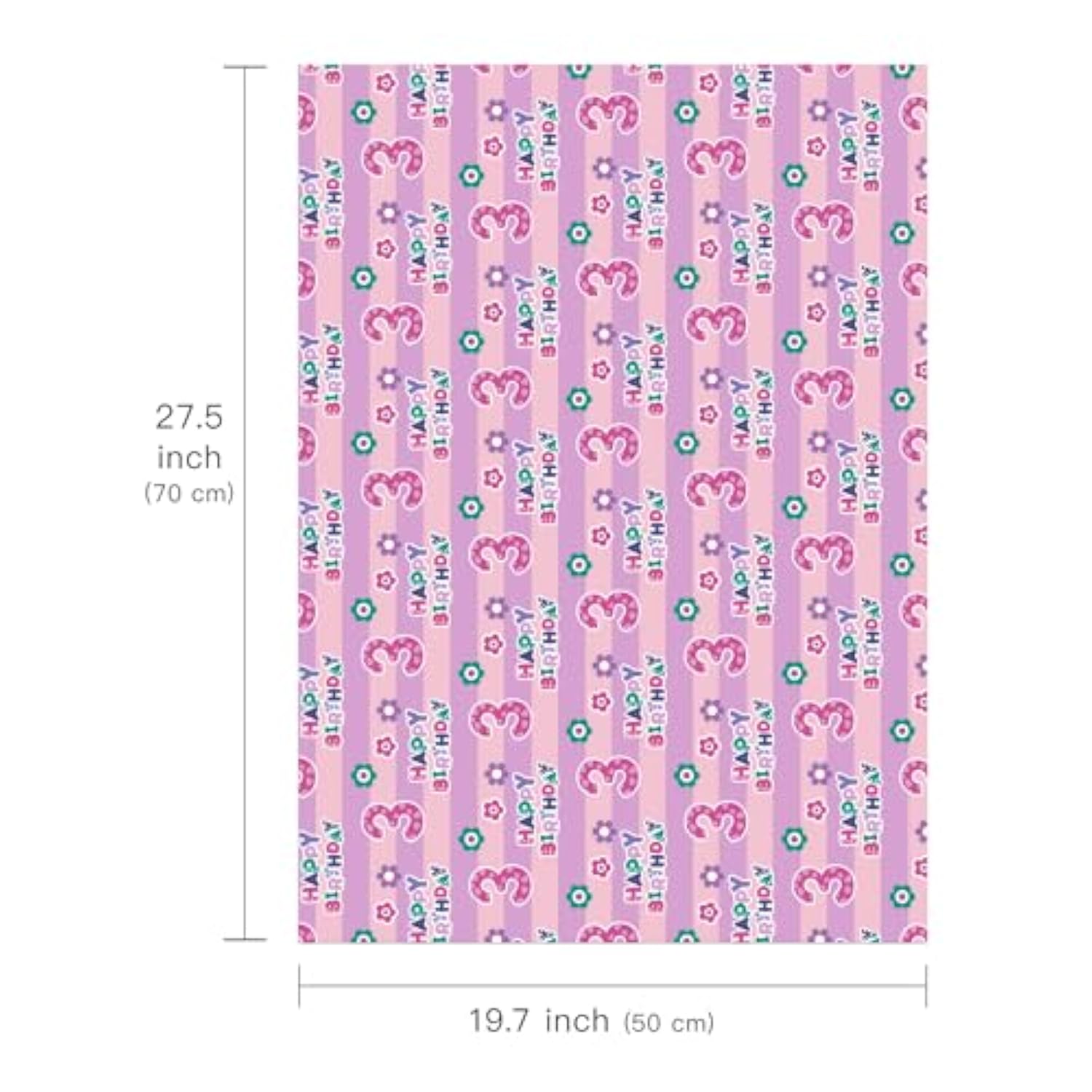 3Rd Birthday Wrapping Paper - Pink Happy Birthday With Floral Design, 6 Sheets, 19.7 X 27.5 Inch Each