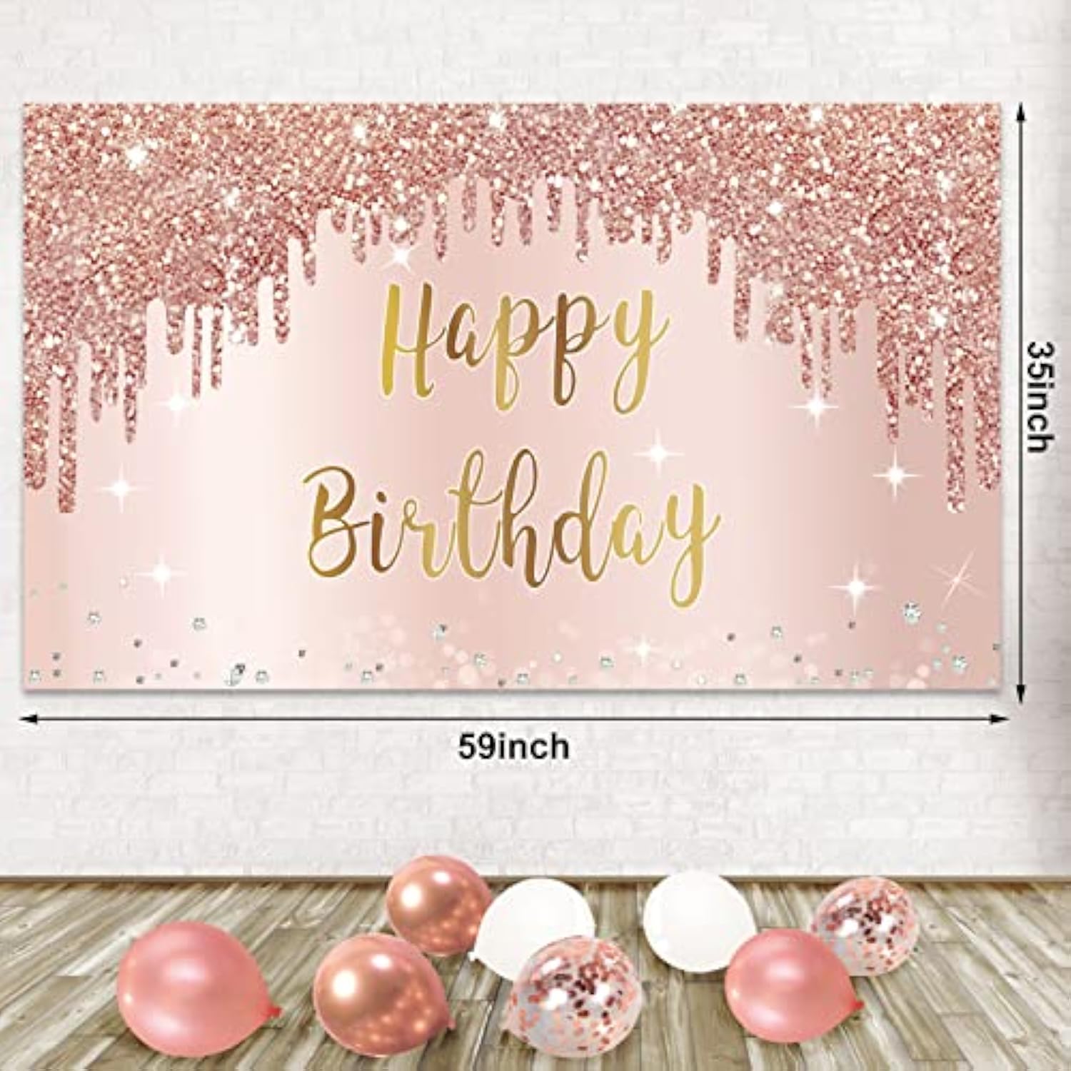 Rose Gold Happy Birthday Banner Backdrop With Confetti Balloon Garland