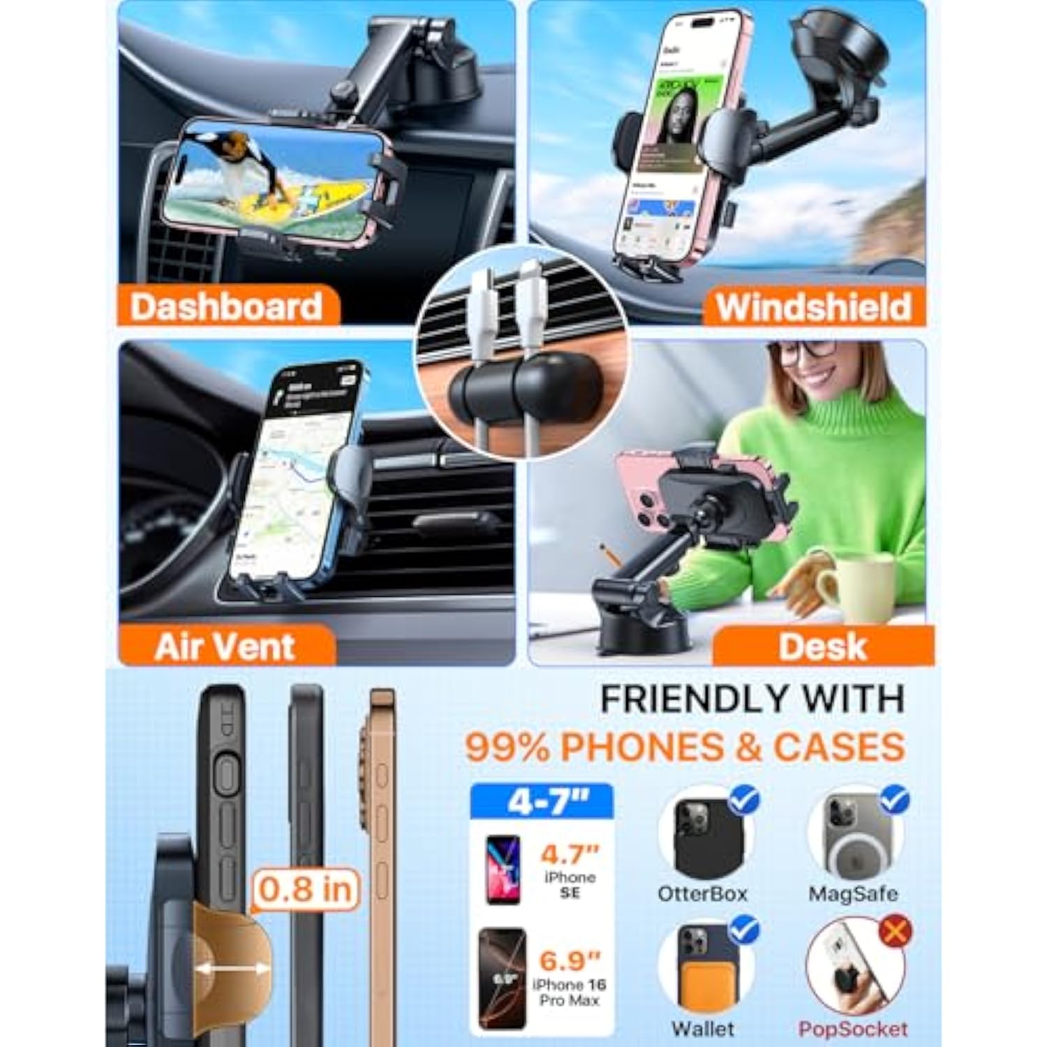 2025 Best Car Phone Holder?Ultimate 5-In-1 & Upgraded 100+Lbs Strongest Suction??True Military-Grade & Safety Cert? Windshield Phone Mount, Dashboard Vent Stand For Iphone Android & Truck, Black