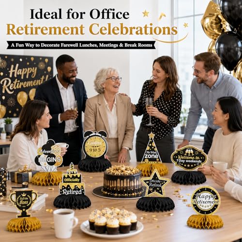 9 Pcs Retirement Party Decorations, Honeycomb Centerpieces, Black Gold Happy Retirement Table Decorations, Easy Assemble Thick Cardstock Centerpieces for Retired Farewell Party