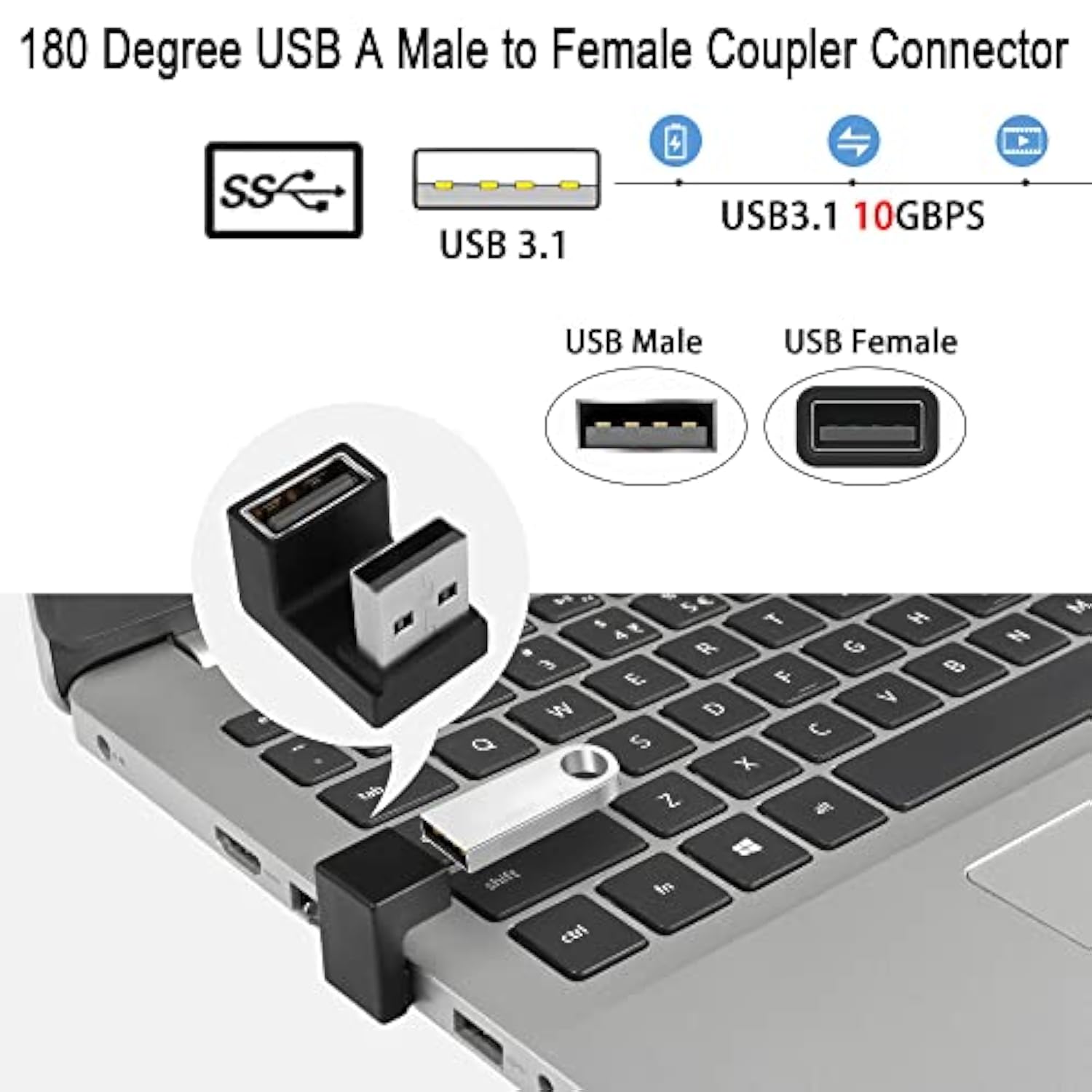 U-Shape Angle Usb 3.1 Adapter Converter 10Gbps 180 Degree Usb A Male To Female