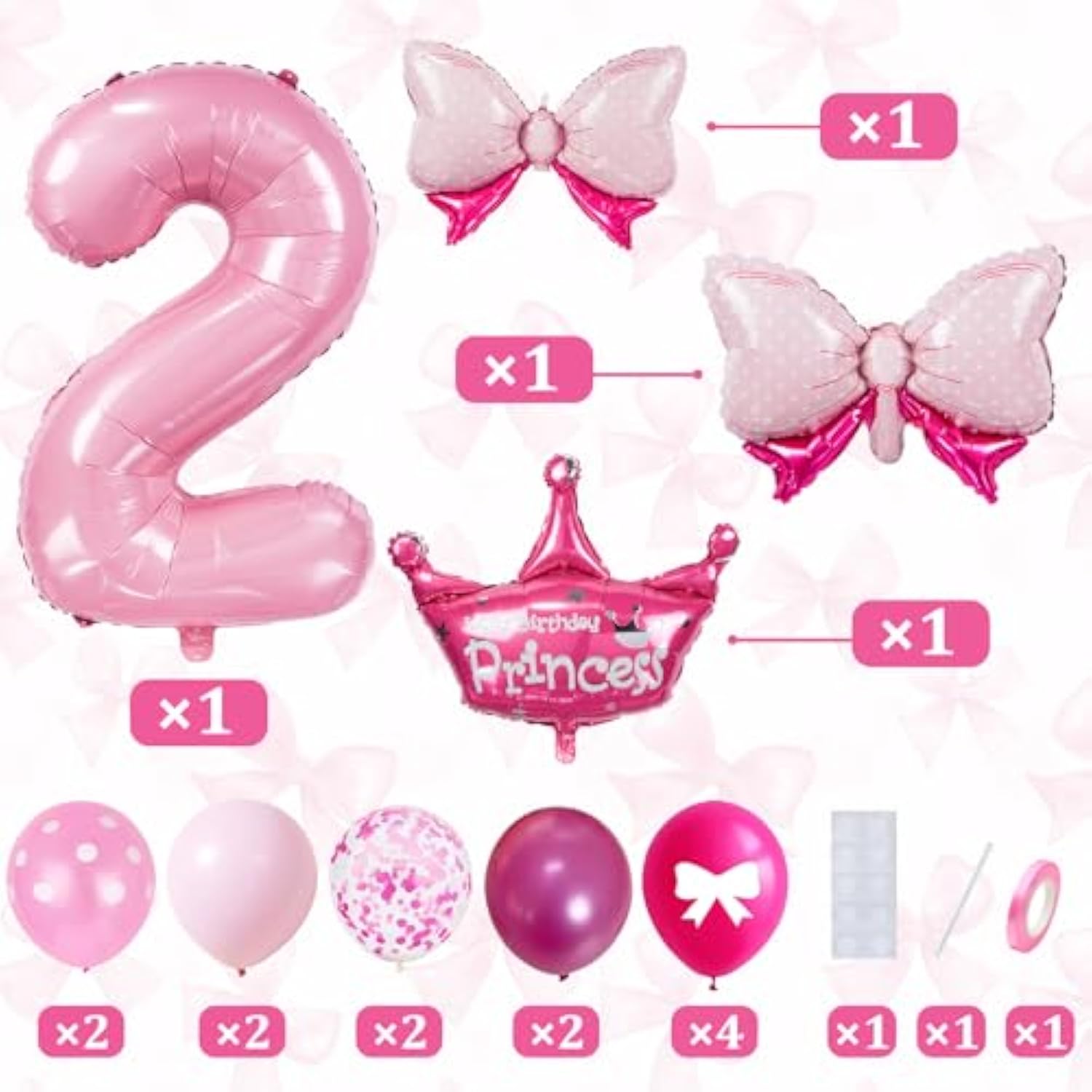 32" Number 2 Balloon Set with Bows & Crown Pink Princess Birthday Decor for Girls