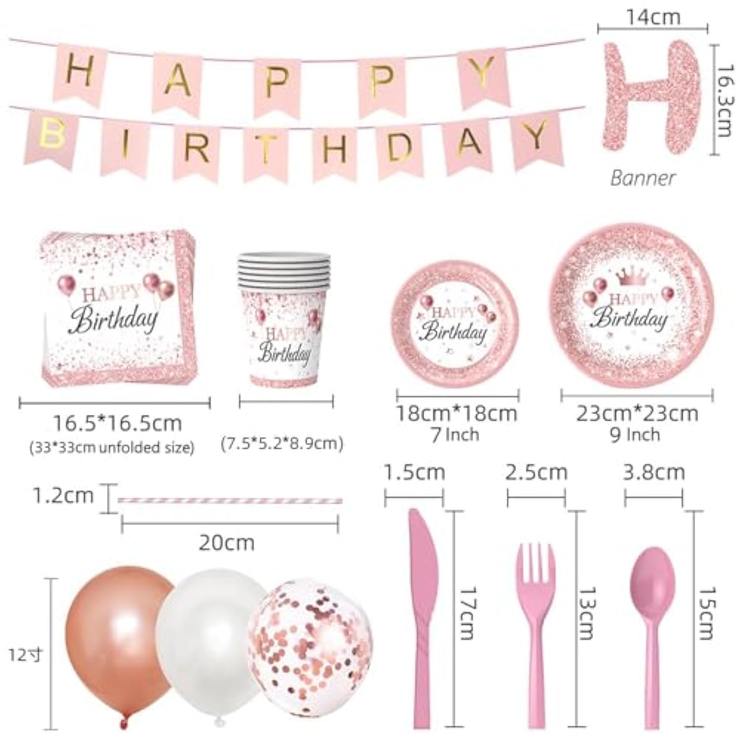 212Pcs Pink Rose Gold Party Supplies Set – Plates, Cups, Cutlery, Décor for 24