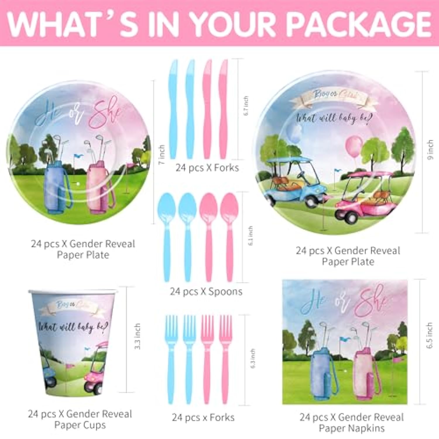 Golf Gender Reveal Decorations Tableware, Blue Or Pink Golf Gender Reveal Party Supplies, He Or She Paper Plate, Cup, Napkin, Cutlery, Serve 24