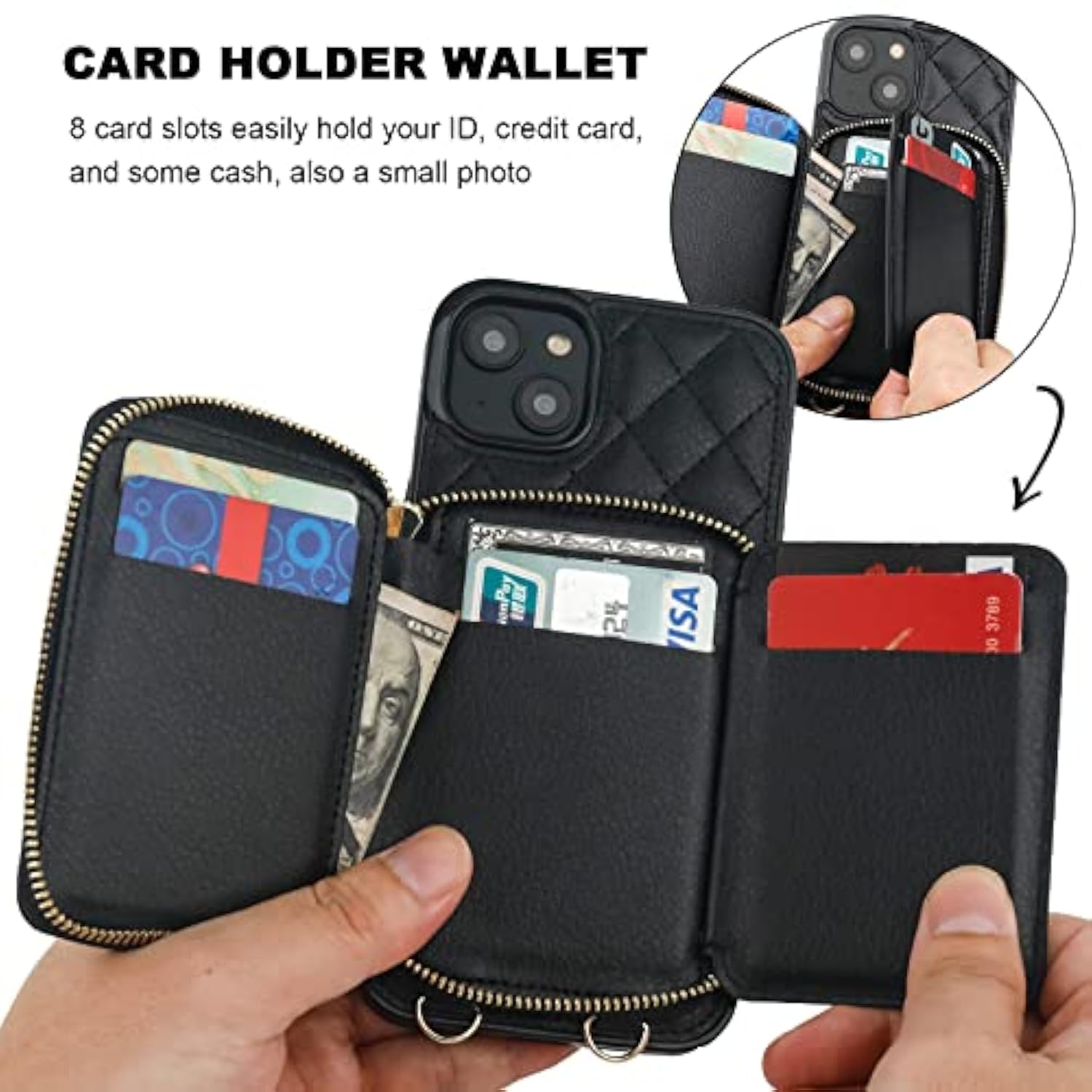 Crossbody Wallet Case For Iphone 14 Plus, Rfid Blocking Pu Leather Zipper Handbag Purse Flip Cover, Kickstand Folio Case With Card Slots Holder Wrist Strap Lanyard 5G 6.7 Inch (Black)