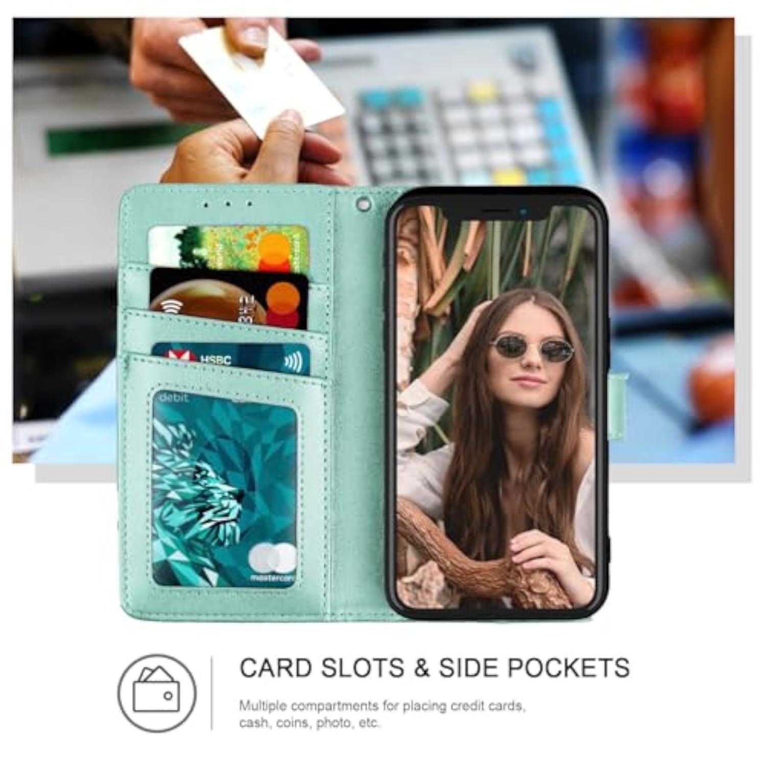Premium PU Leather Wallet Case for iPhone 13 Mini, RFID Blocking Protective Flip Cover with Card Slot and Cash Pocket, Green
