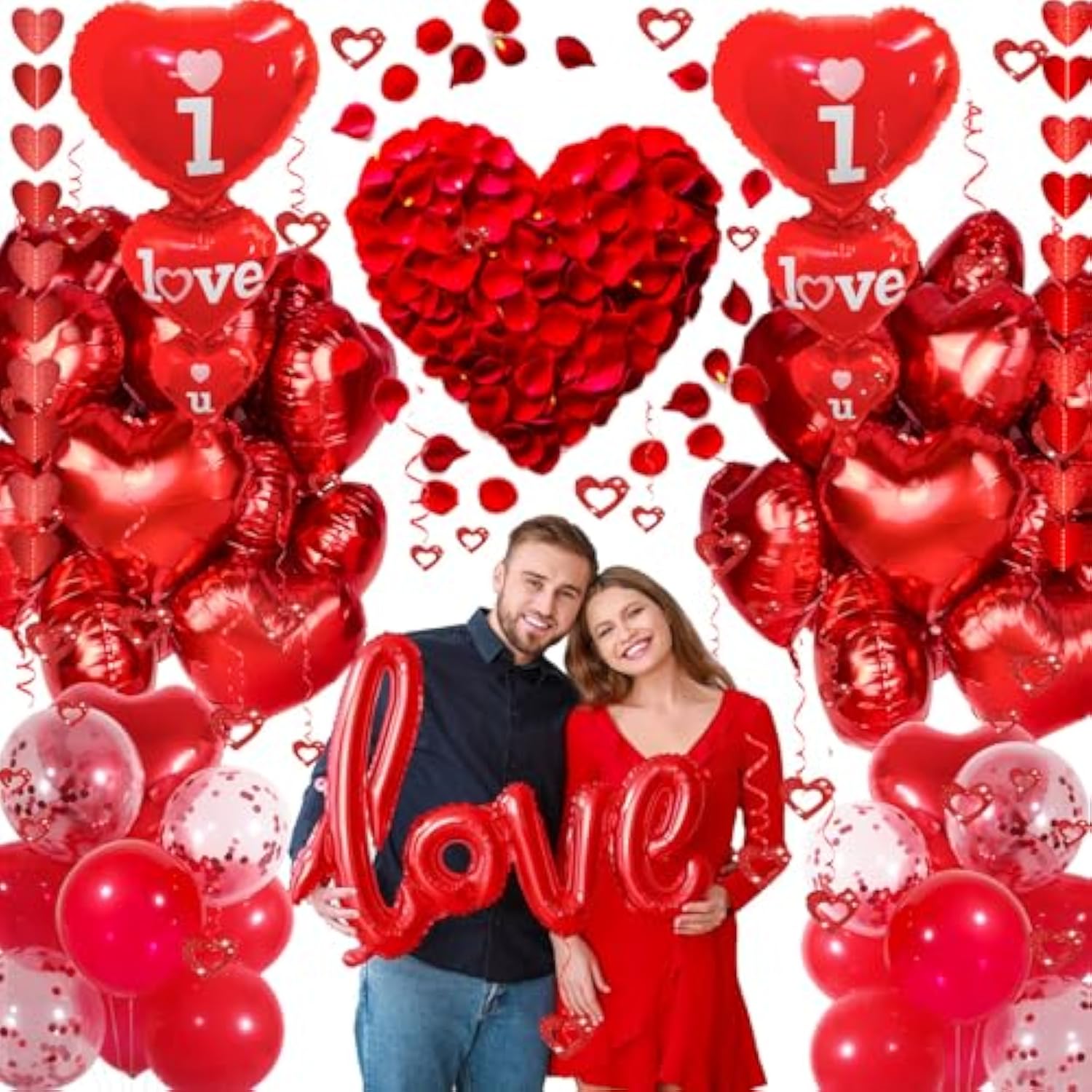 Valentines Day Decorations Set, I Love You Balloons And Red Heart Balloons With Fake Rose Petals For Valentines Day Party Wedding Anniversary Engagement Decor
