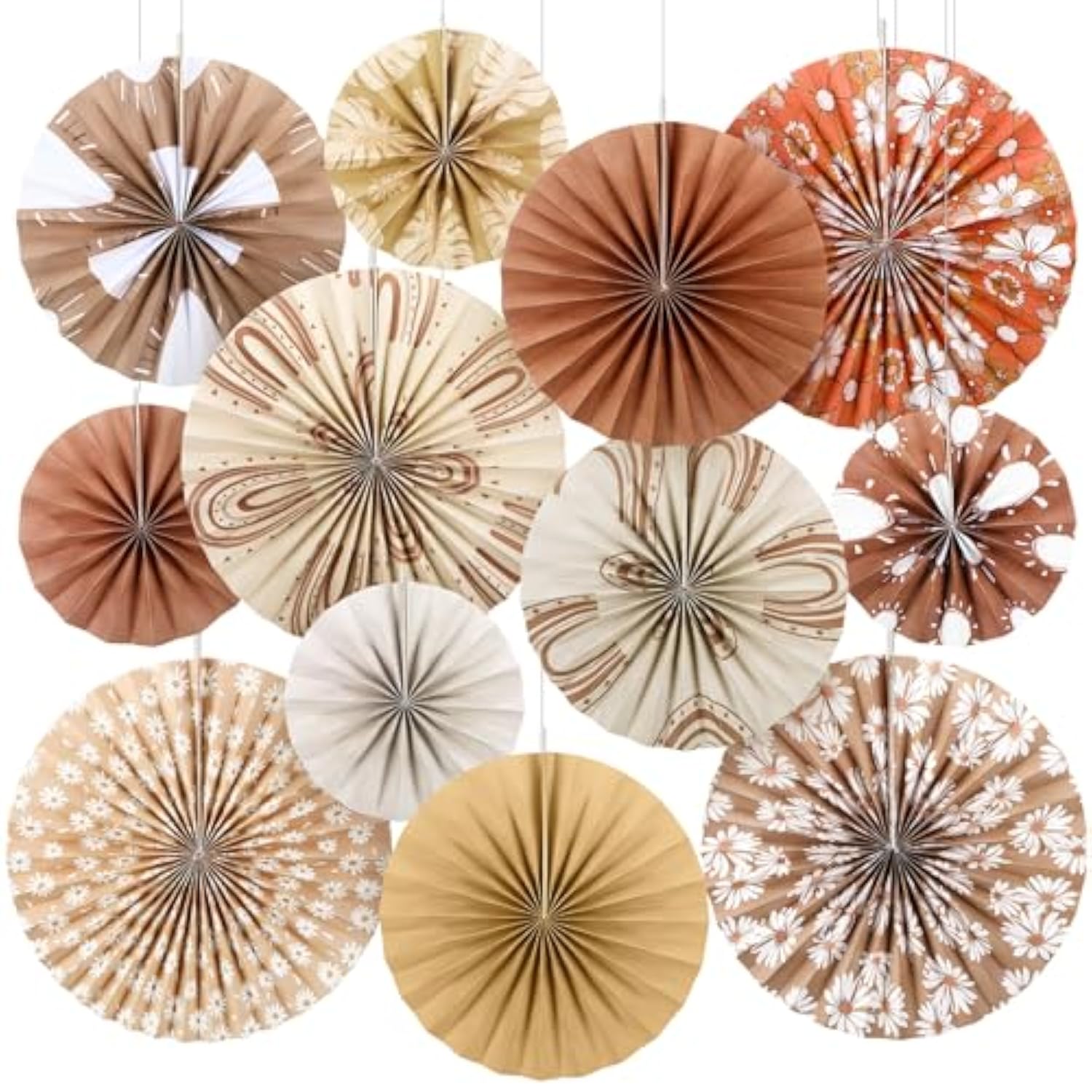 12 Pcs Boho Classroom Hanging Paper Fans 8'' 12'' 16'' Boho Classroom Decoration Rainbow Round Paper Fans Garlands Neutral Rustic Flower Leaf Wall Decor For School Office Party Decor
