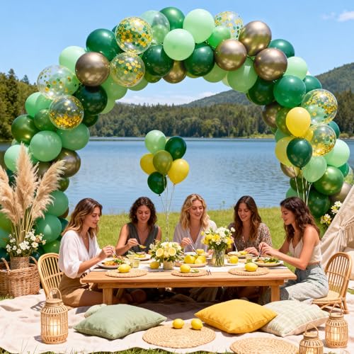 Sage Green and Gold Balloons, 12 Inch Emerald Forest Hunter Dark Green Metallic Gold Latex Balloon with Confetti Balloon for Wild One Jungle Birthday Graduation Safari Baby Shower Decorations Supplies