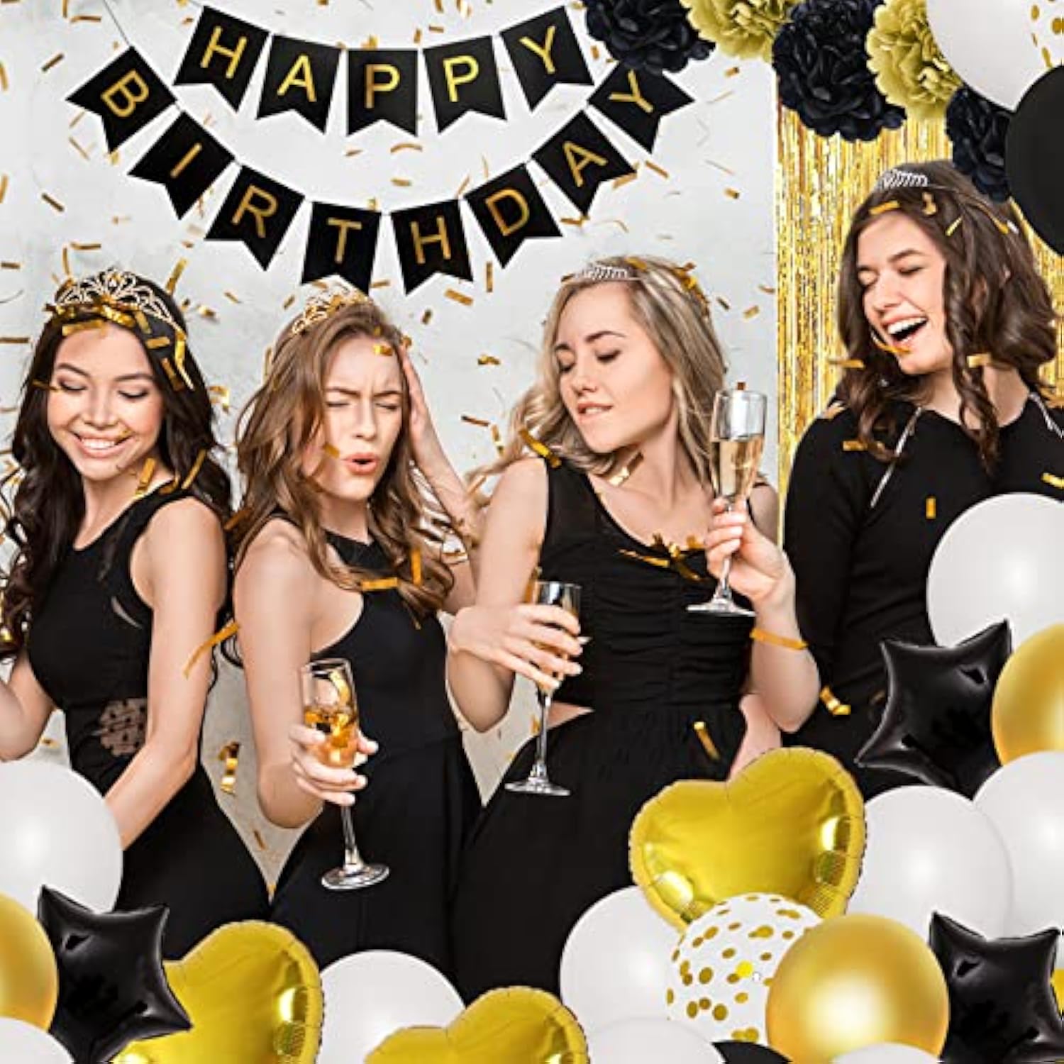 Black & Gold Birthday Decor Kit Banner, Balloons & Fringe Curtains