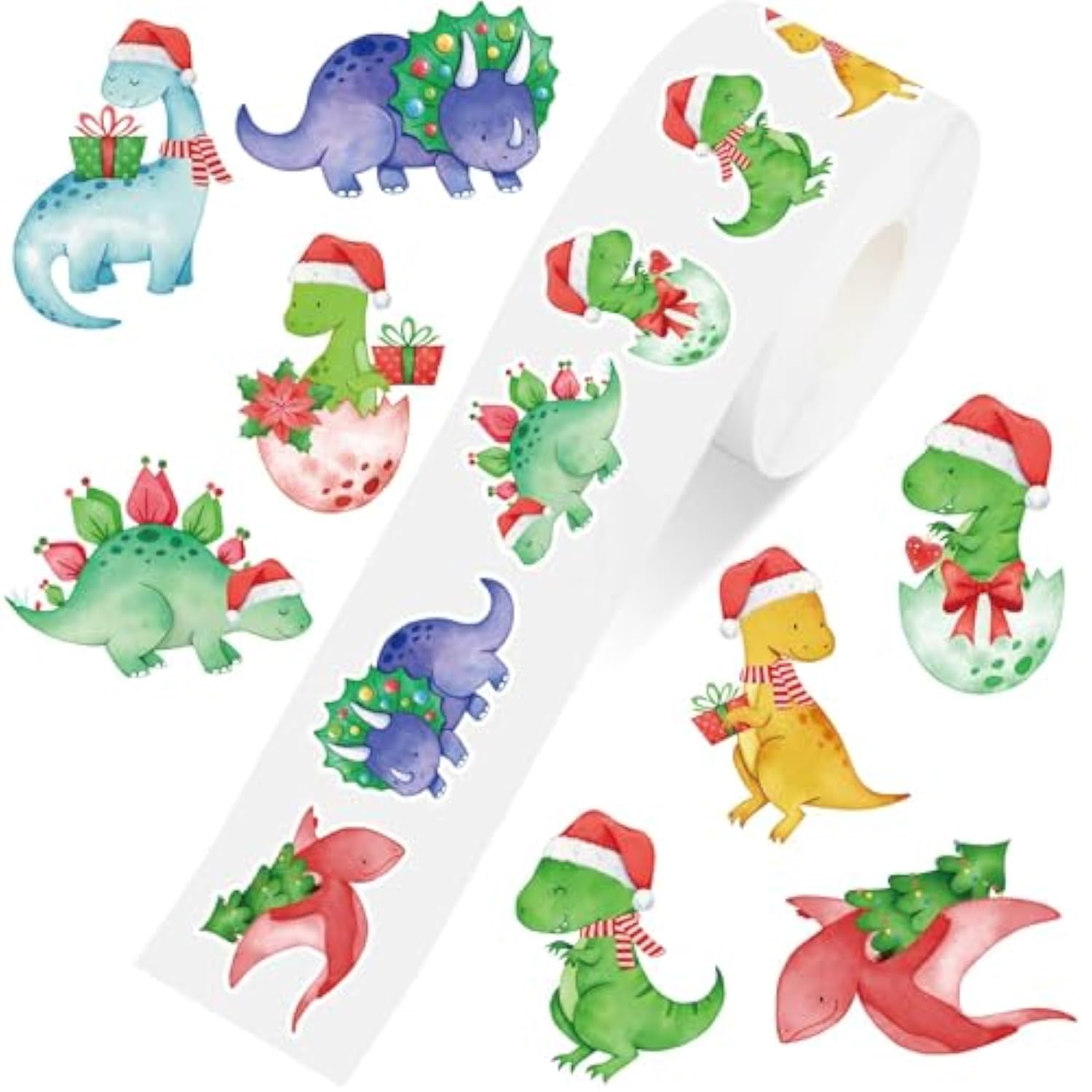 1000Pcs Christmas Paper Sticker Watercolor Dinosaur Decal Jurassic Animal Self-Adhesive Sticker Label For Xmas Winter Gift Card Party Supplies, 1.5 In