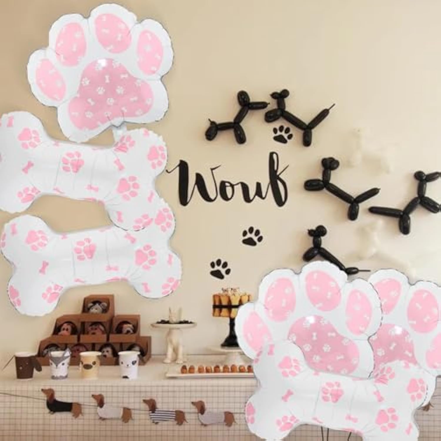 6 Pcs Pink Dog Paw & Bone Balloons for Pet-Themed Birthday & Baby Showers