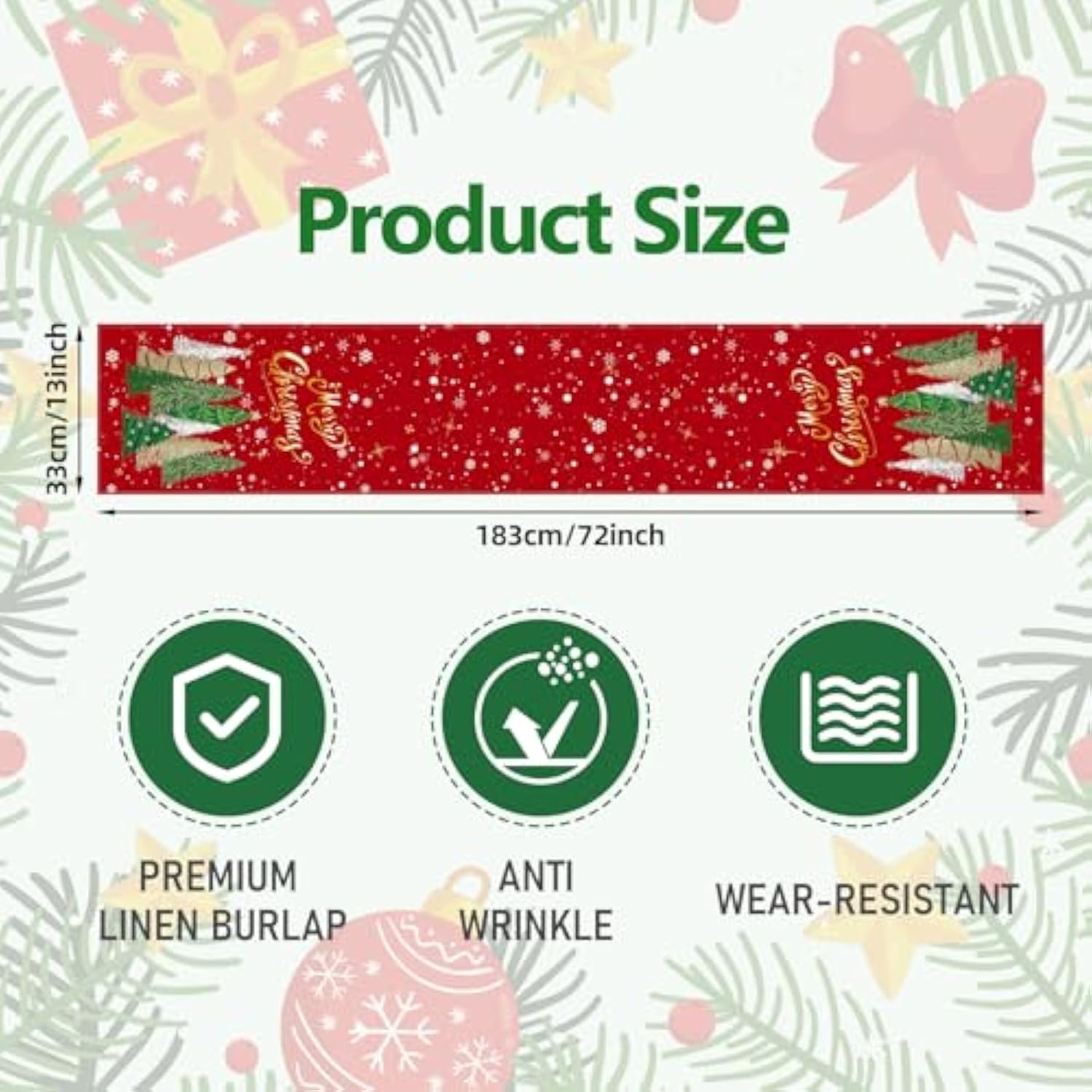 72 X 13 Inch Christmas Table Runner – Red Table Runner With Glittering Snowflakes And Christmas Tree Pattern For Holiday, Kitchen, Mantel, Dining Table Décor, Winter Christmas Party Supplies