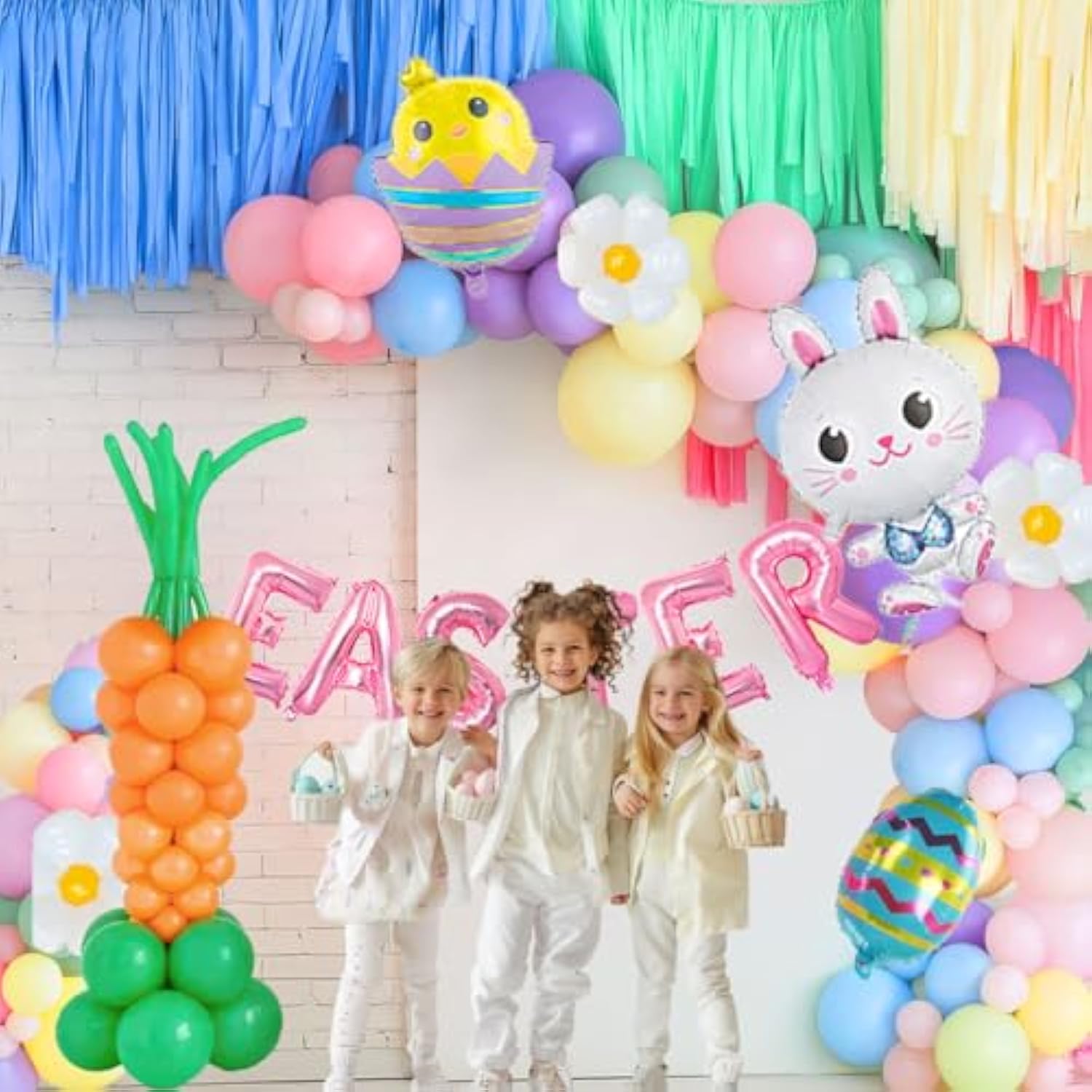 Pastel Easter Balloon Garland Arch Kit Pink Yellow Green Blue Balloons With Eggs Rabbits Chicks Daisy And Easter Letter Balloons Diy Carrot For Easter Birthday Party Decorations