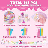 145PCS Unicorn Birthday Party Supplies Set with Banner, Plates, Cups & Cutlery for 24 Guests