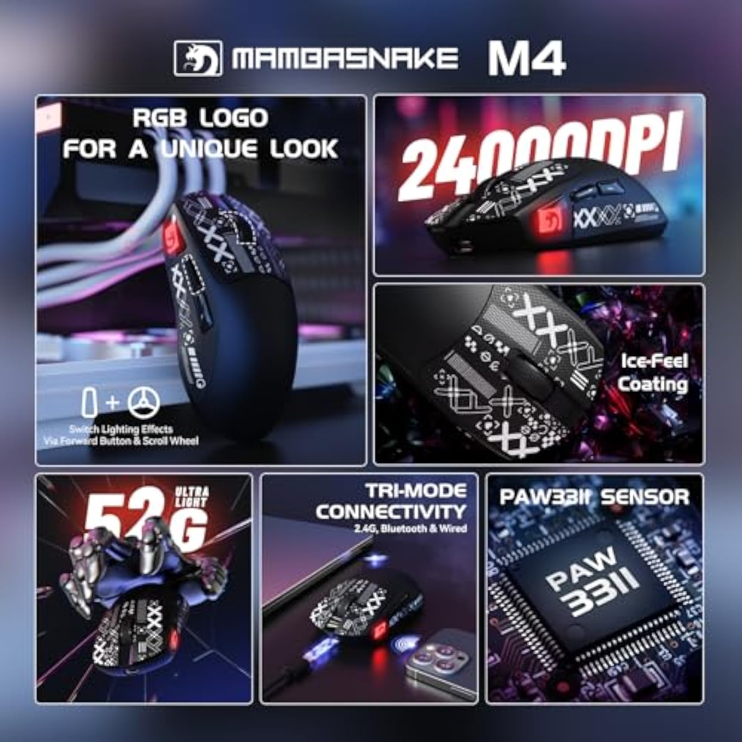 M4 Wireless Gaming Mouse, 52G Lightweight Bt/2.4Ghz/Wired Computer Mouse, Paw3311 24K Dpi Optical Sensor, 200H Battery Life, Griptape, Programmable Mice For Pc/Win/Mac (Black)