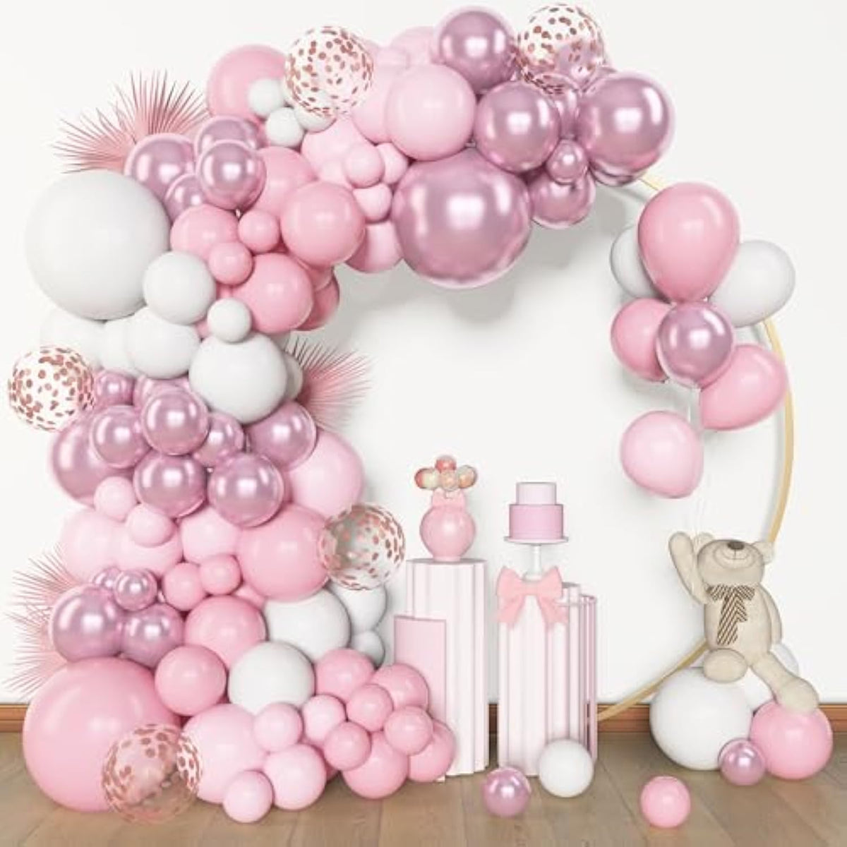 Pink and White Balloon Arch Kit 153pcs Pastel, Confetti & Metallic for Parties and Showers