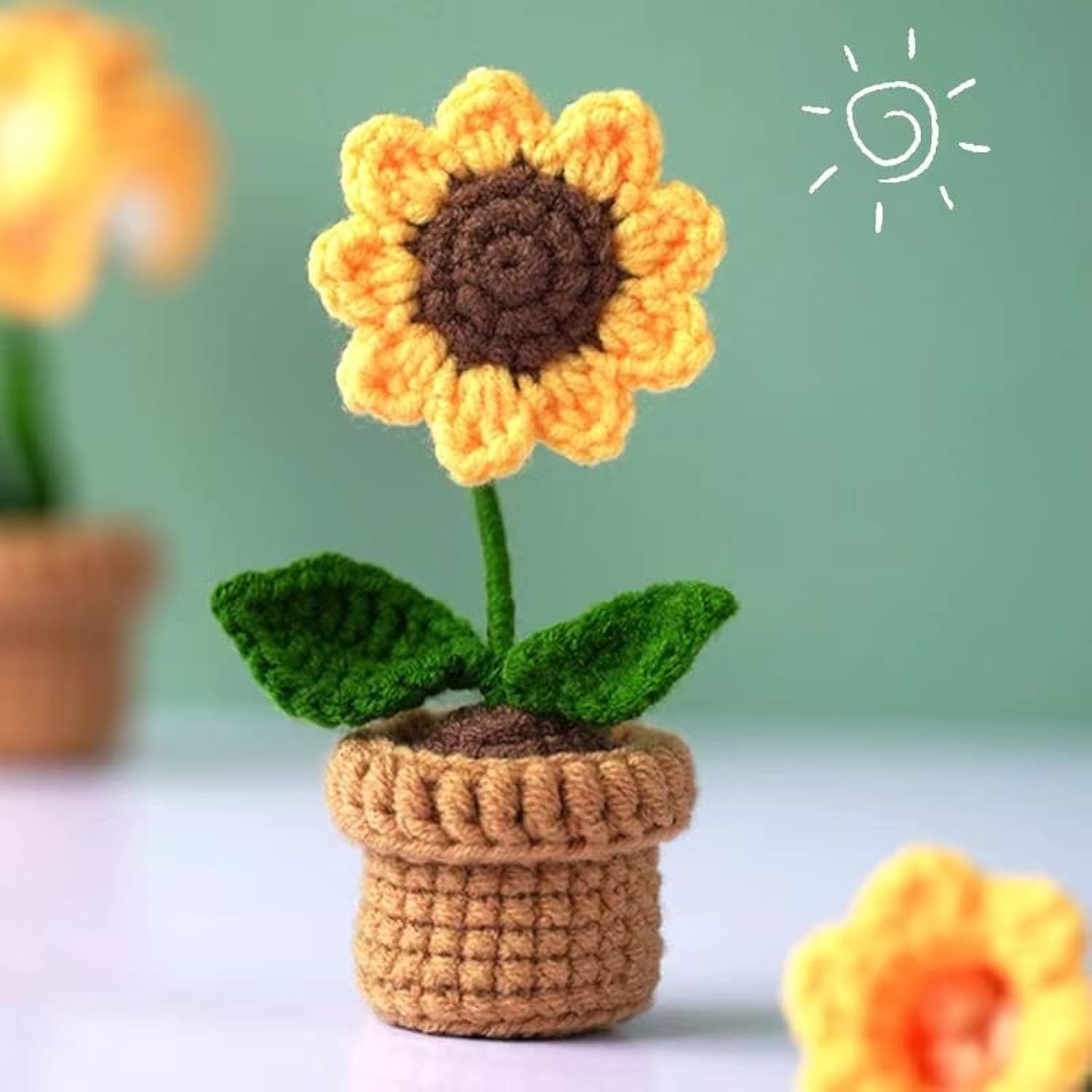 3Pcs Mini Crochet Sunflower Potted Plant,Knitted Fake Sunflower For Bathroom Home Kitchen Rustic Table Centerpiece Shelf Decor