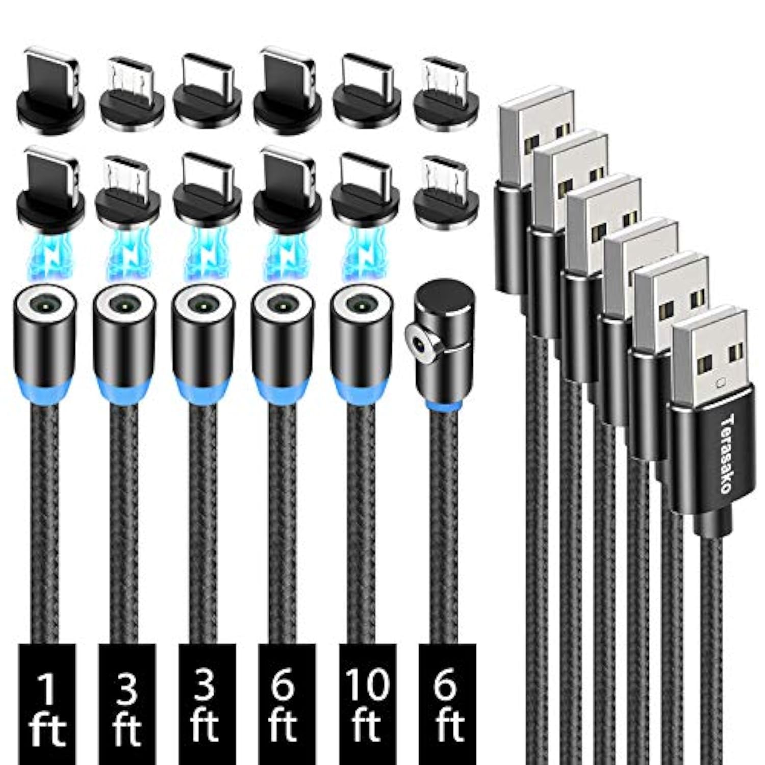Magnetic Charging Cable 6-Pack [1Ft/3Ft/3Ft/6Ft/6Ft/10Ft], 3 In 1 Nylon Braide