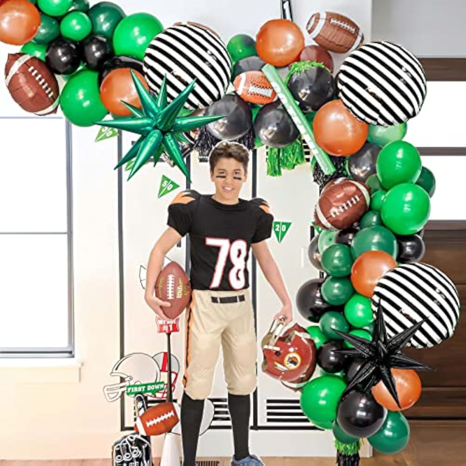 Football Balloon Garland Arch Kit Dark Green Brown Black Balloon Large Mylar Starburst For Sport Theme Super Bowl Touch Down Birthday Decorations