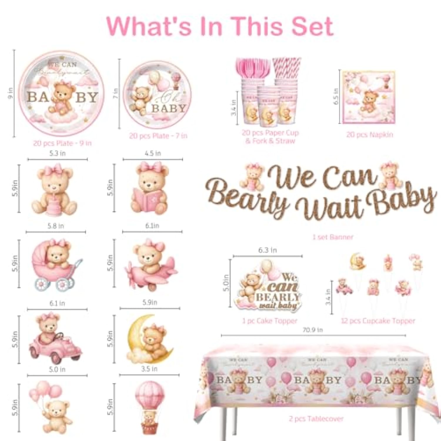 152 Pcs Pink Bearly Wait Baby Shower Decorations, Bear Baby Shower For Girl Tableware Set, With Banner, Cake Topper, Plates And Tablecloths, For Baby Girl Shower Decorations Pink, Serves 20