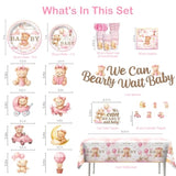 152 Pcs Pink Bearly Wait Baby Shower Decorations, Bear Baby Shower For Girl Tableware Set, With Banner, Cake Topper, Plates And Tablecloths, For Baby Girl Shower Decorations Pink, Serves 20