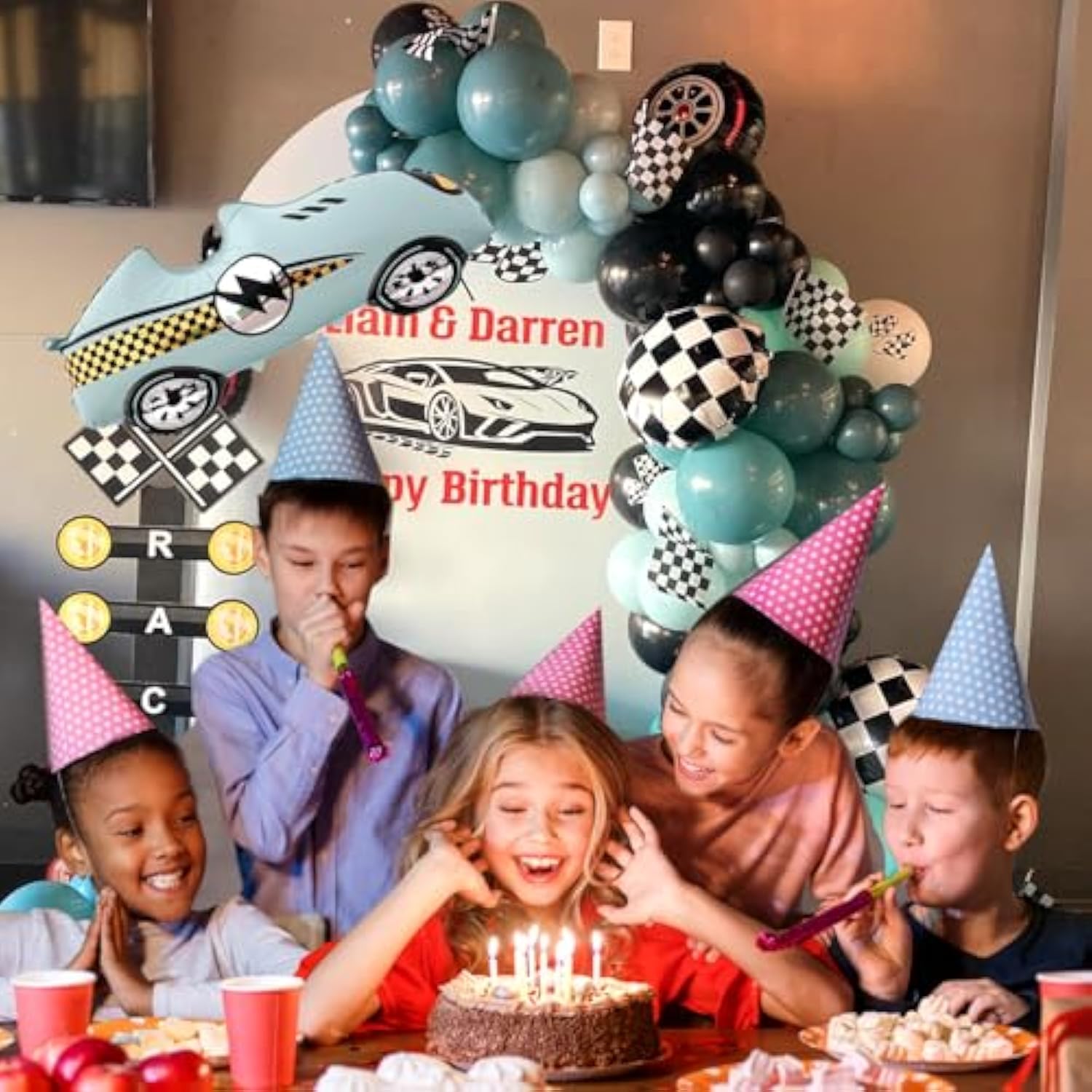 Race Car Balloon Garland Arch Kit 154Pcs Dusty Blue Black Latex Balloon Wheel Checkered Foil Balloons For Race Car Baby Shower Party Two Fast Birthday Party Decorations