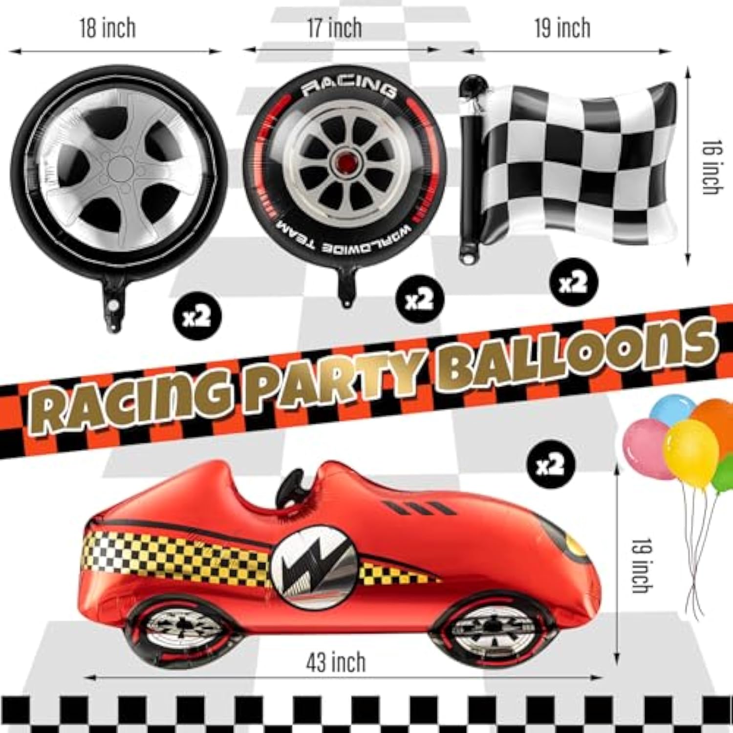 8 Pcs Race Car Balloons Including Large 43 Inch Red Racing And Wheel Tire And Checkered Flag Foil Balloons For Baby Shower Two Fast Speedy Car Themed Birthday Party Decorations Supplies