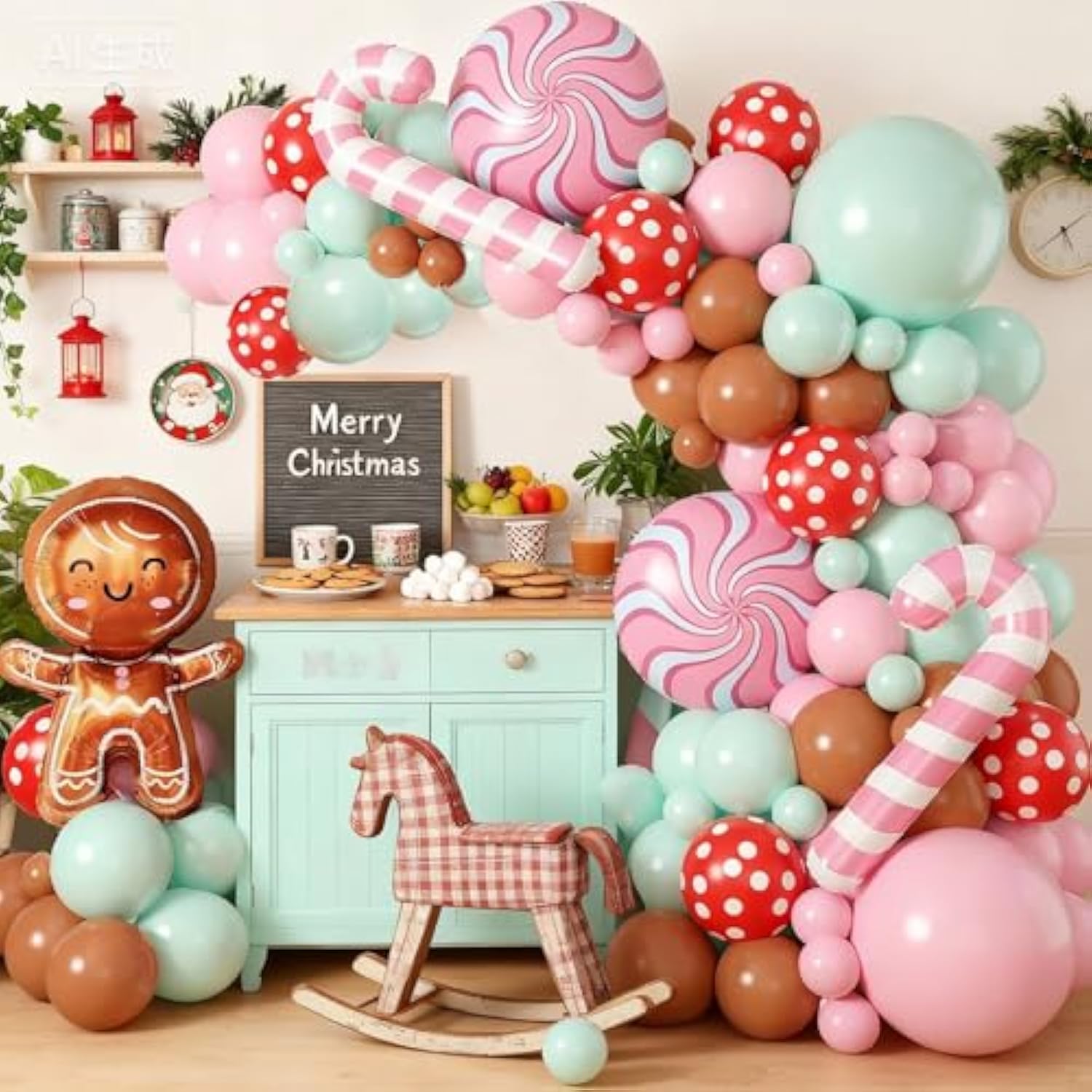 Christmas Balloon Garland Kit with Gingerbread Man and Pastel Balloons