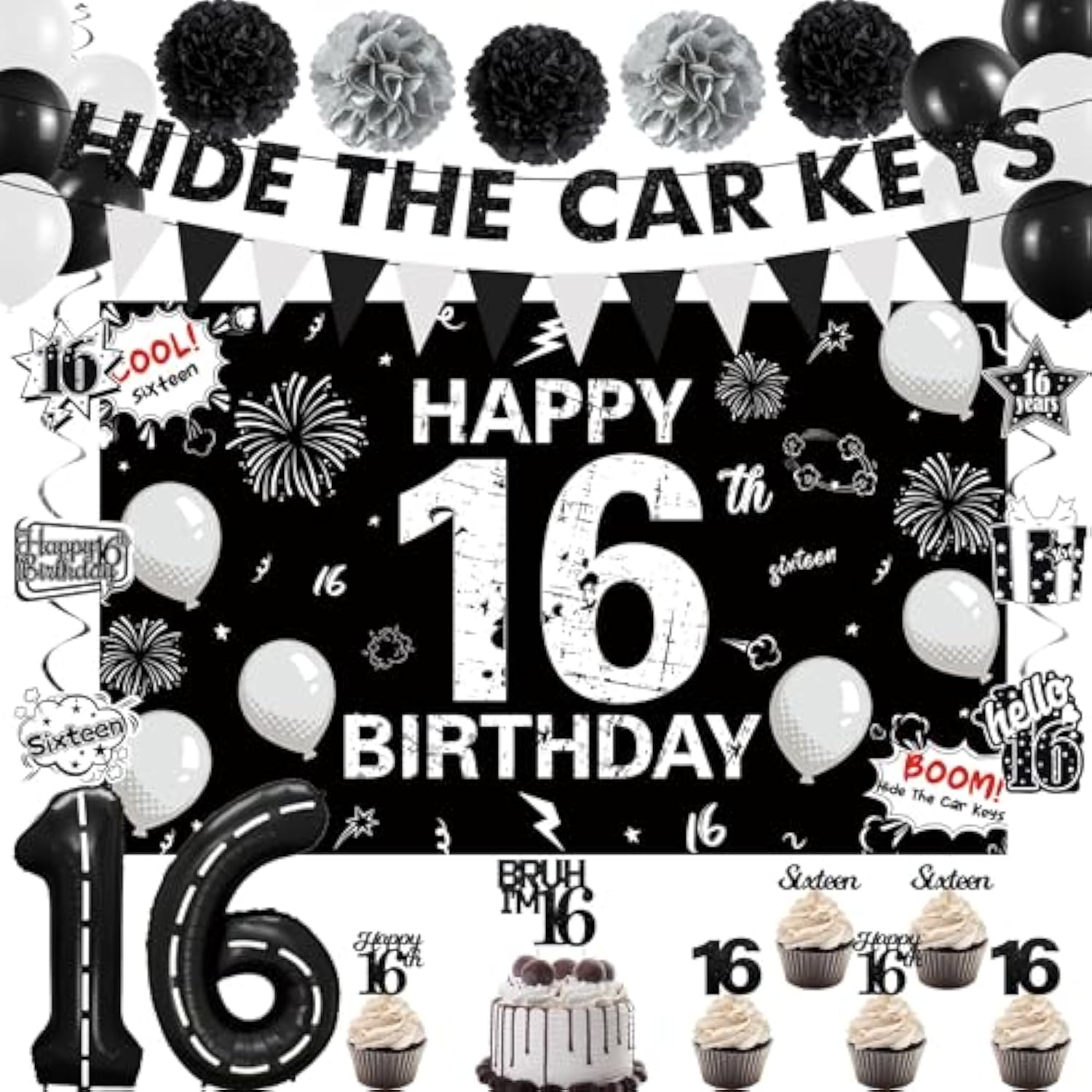 16Th Birthday Party Decorations For Boys, Hide The Car Keys 16 Years Old Banner, Black 16Th Number Balloons & Cake Topper, Glitter Black Sweet 16 Party Honeycomb Hanging Swirl, Bro I'M 16