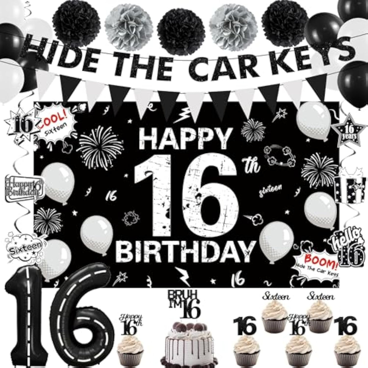 16Th Birthday Party Decorations For Boys, Hide The Car Keys 16 Years Old Banner, Black 16Th Number Balloons & Cake Topper, Glitter Black Sweet 16 Party Honeycomb Hanging Swirl, Bro I'M 16