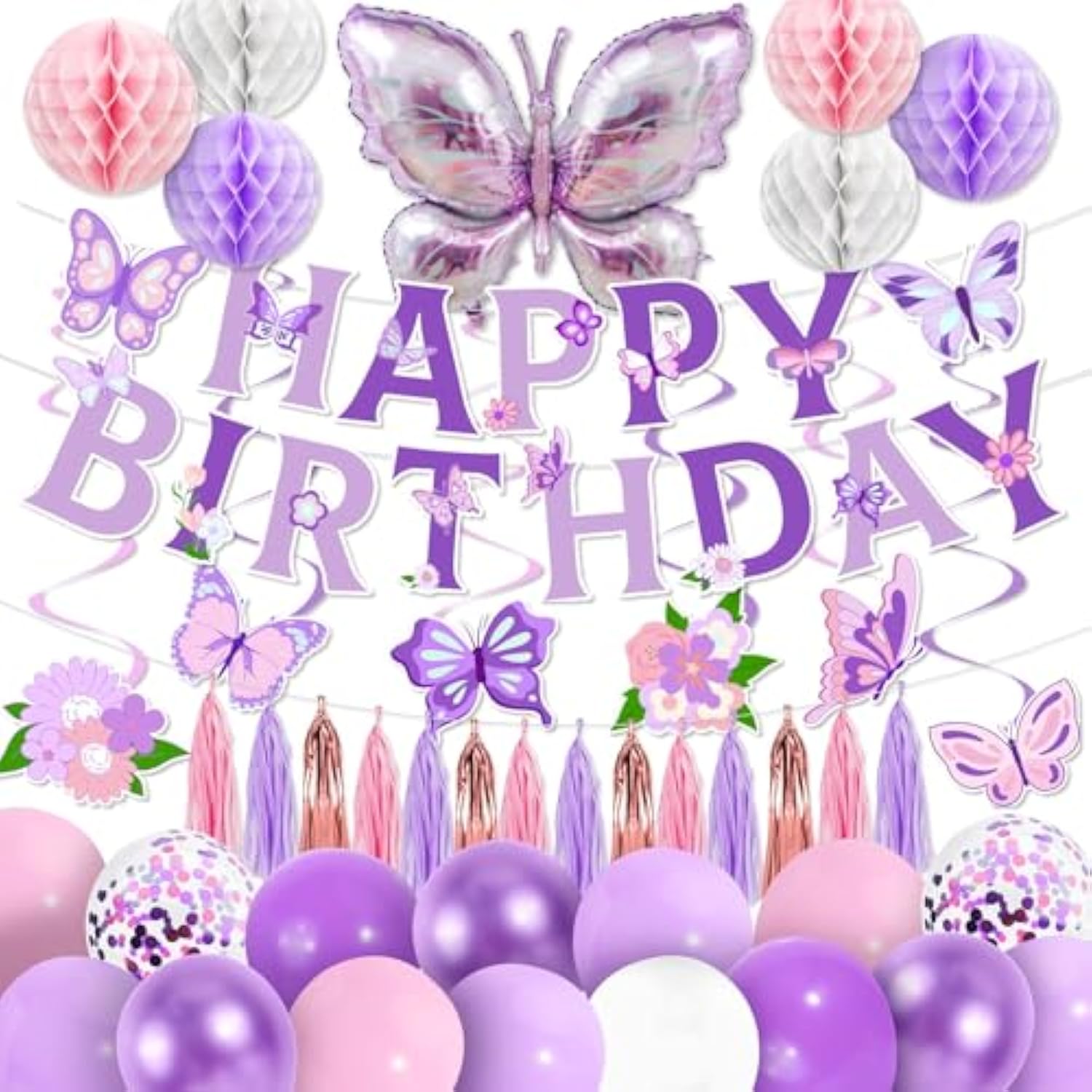 53Pcs Butterfly Birthday Decorations, Purple Butterflies Decorations With Honeycomb Ball Banner Butterflies Hanging Swirl Big Butterfly Foil Balloon For Women Butterflies Girl Theme Birthday Supplies