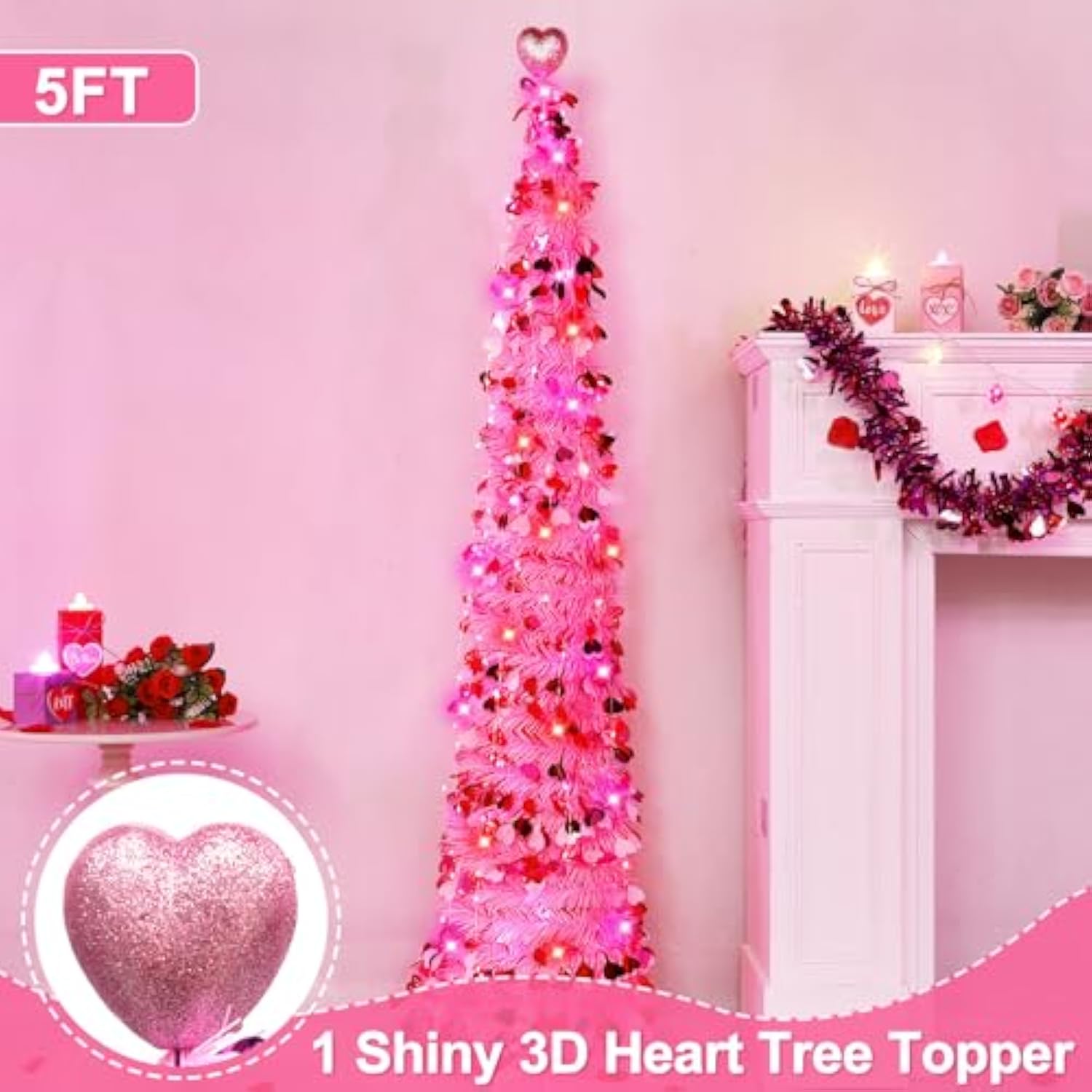 Valentines Day Decorations 5Ft Pink Valentines Christmas Tree With Lights Timer Battery Operated Pop Up Artificial Tree With Heart Ornaments, Heart Topper Decorations For Indoor Home Outdoor Office